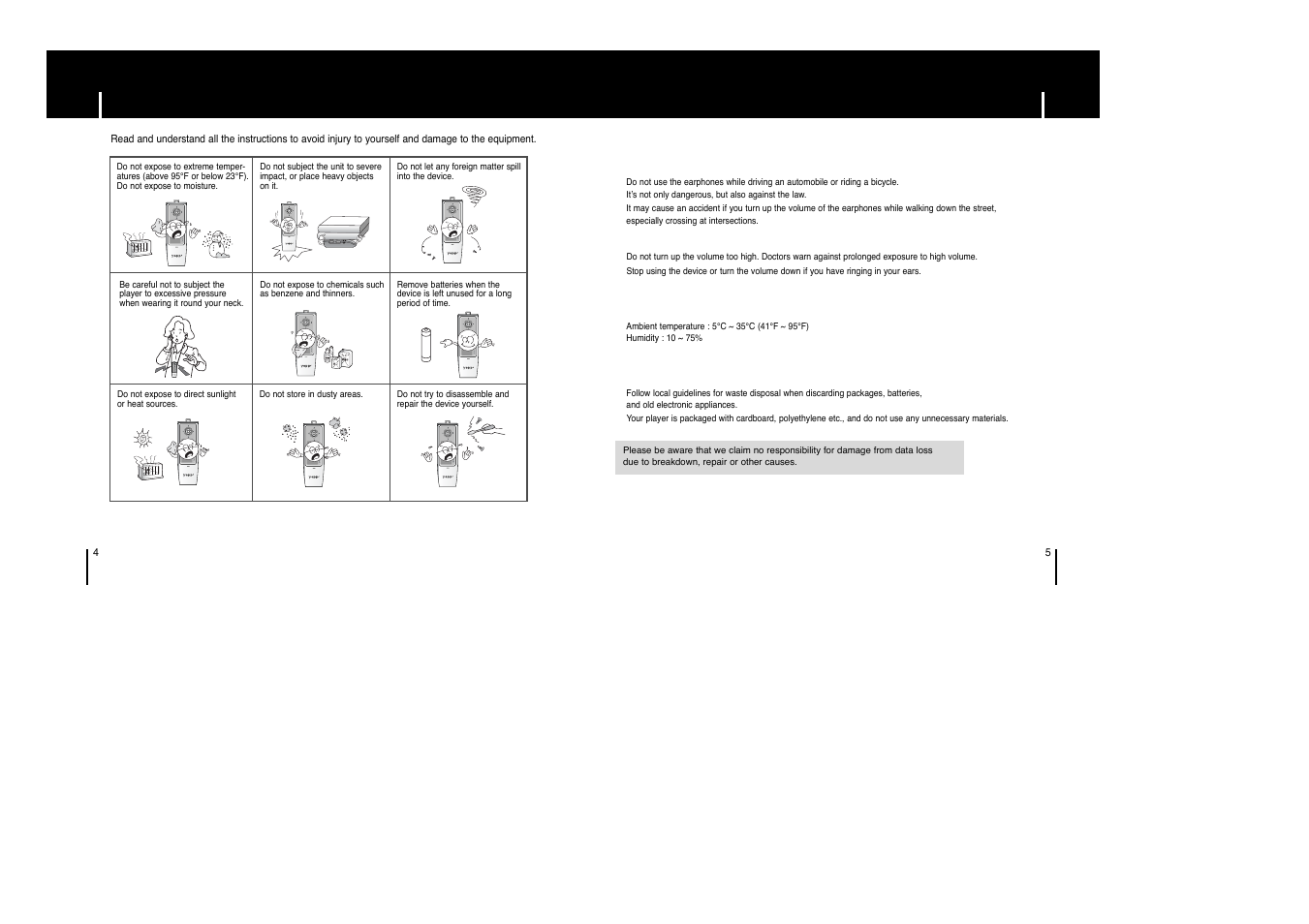 Preparations, Safety instructions, Icautions for use | Iambient operating conditions, Ienvironmental information | Samsung yepp' YP-53X User Manual | Page 3 / 24