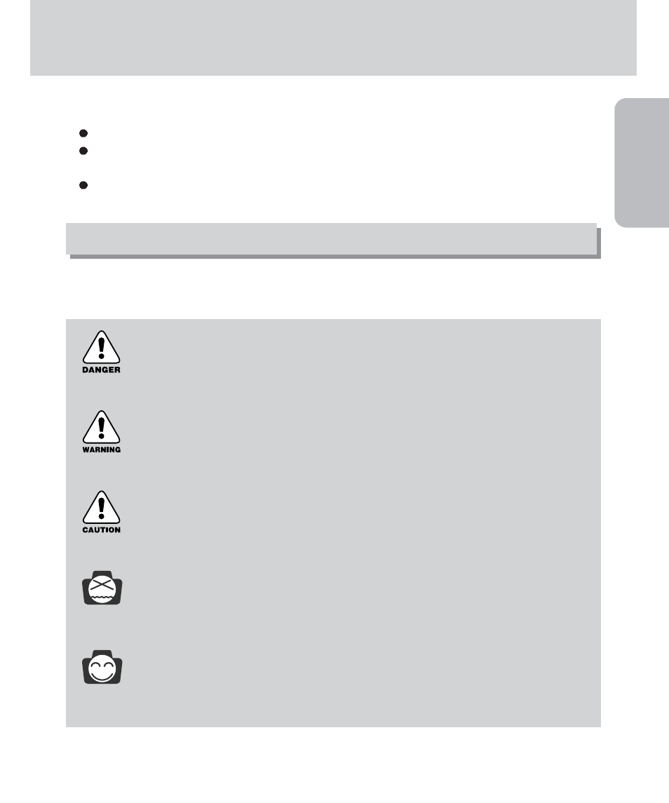 Getting to know your camera, Ready, About the icons | Danger, Warning, Caution, Notice, Information | Samsung Digimax 420 User Manual | Page 5 / 124