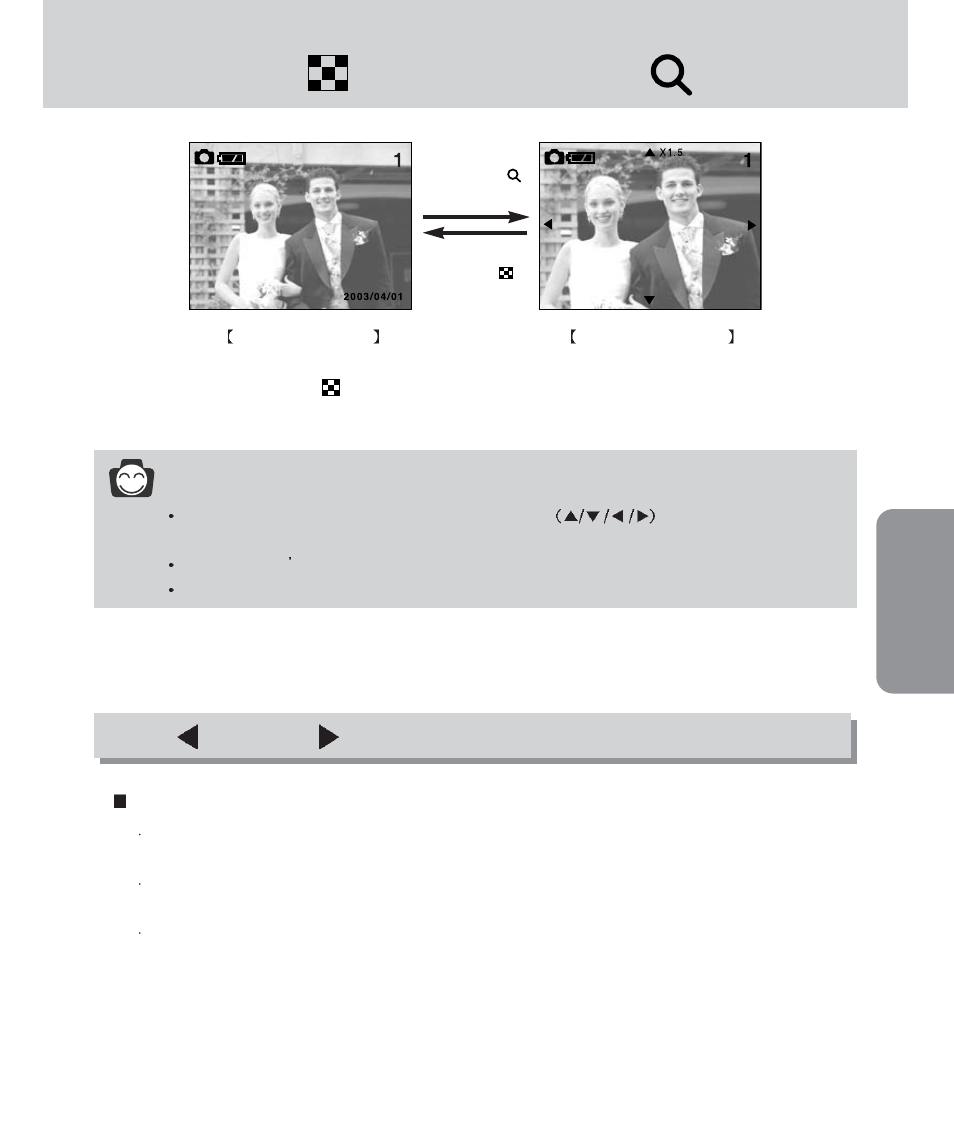 Thumbnail( ) / enlargement( ) button, Pla y, Information | Left( )/ right( )/ ok button | Samsung Digimax 420 User Manual | Page 55 / 124