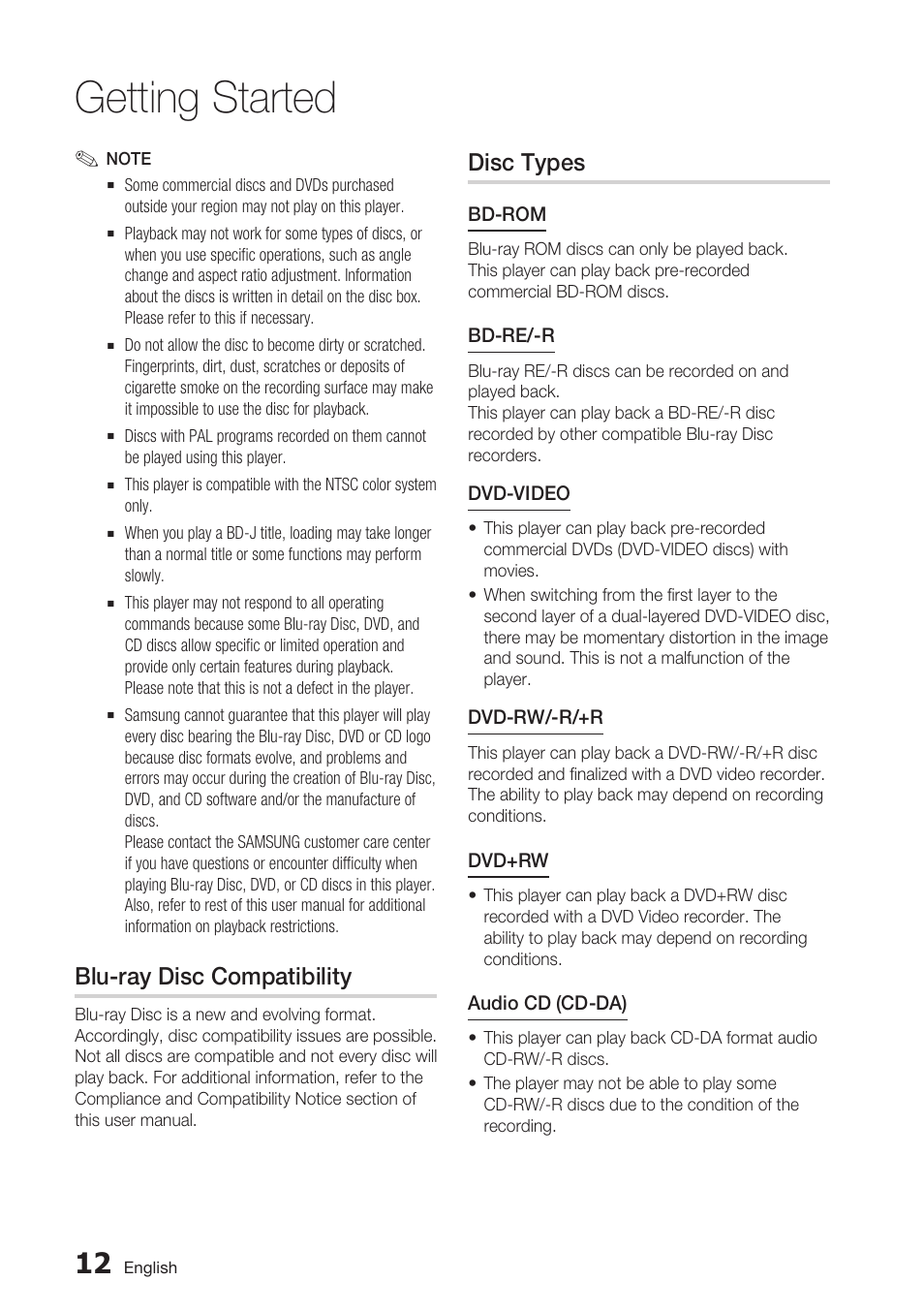 Blu-ray disc compatibility, Disc types, Getting started | Samsung BD-D7500 User Manual | Page 12 / 77