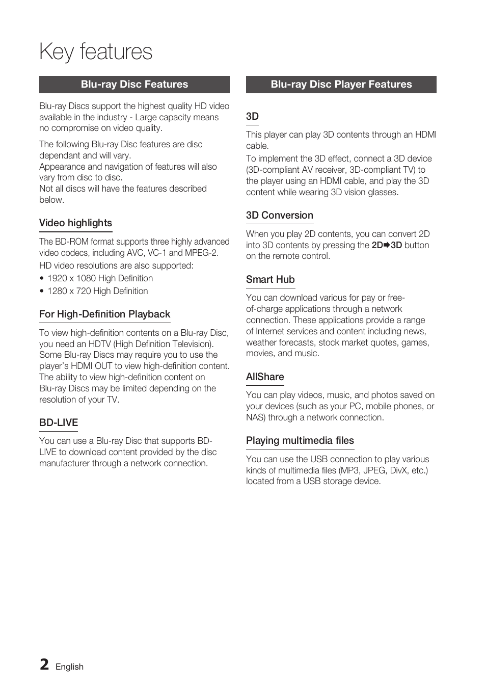 Key features, Blu-ray disc features, Blu-ray disc player features | Samsung BD-D7500 User Manual | Page 2 / 77