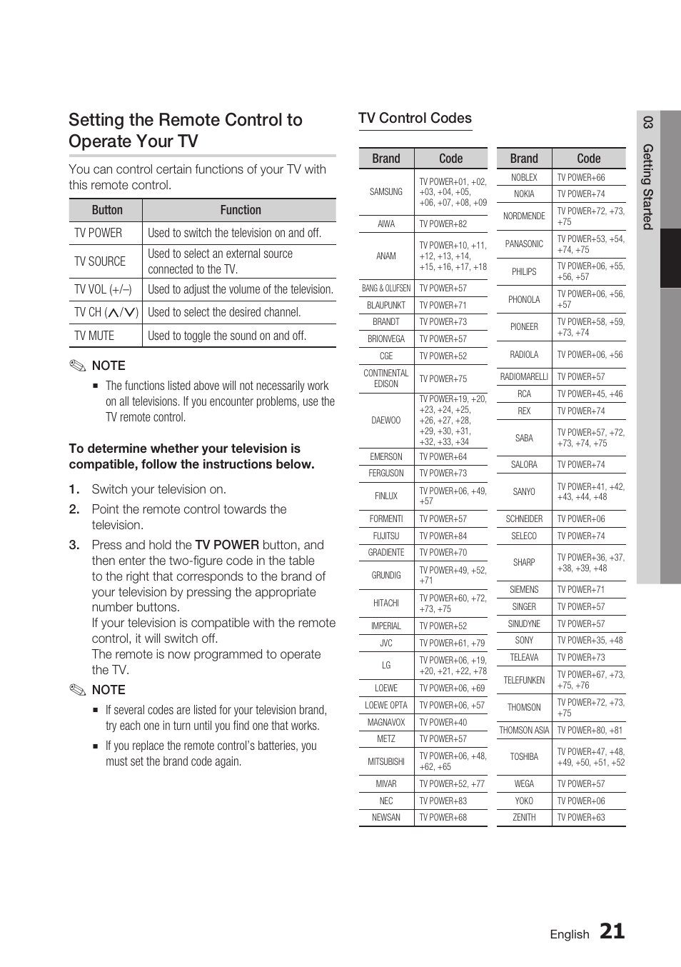 Setting the remote control to operate your tv, Tv control codes | Samsung BD-D7500 User Manual | Page 21 / 77