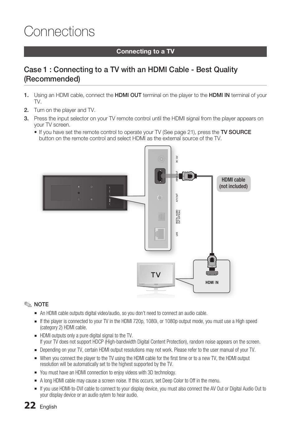 Connections, Connecting to a tv | Samsung BD-D7500 User Manual | Page 22 / 77