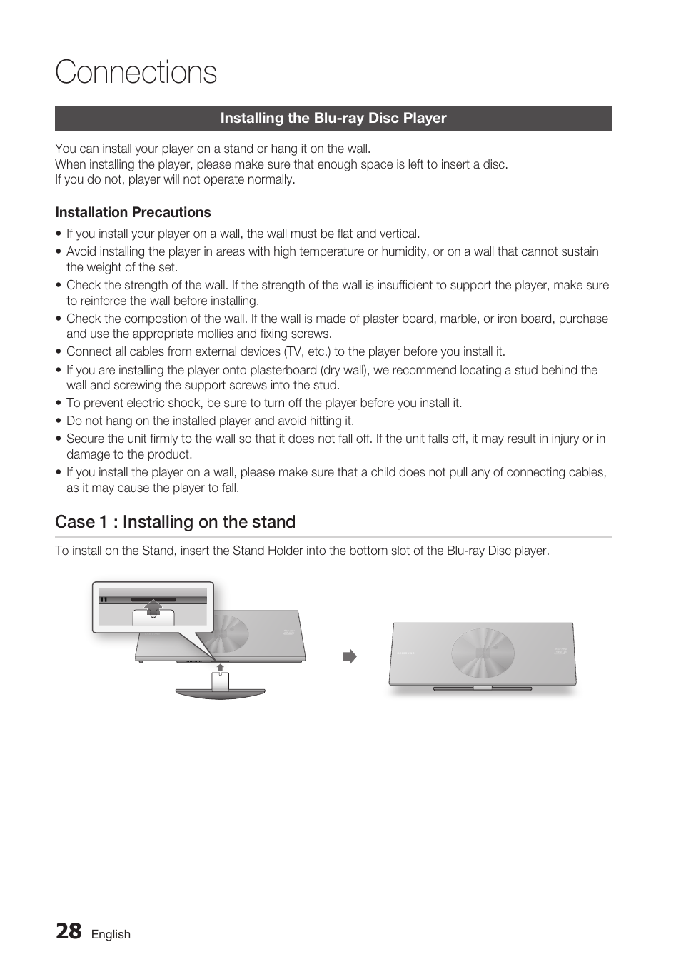 Installing the blu-ray disc player, Case 1 : installing on the stand, Connections | Samsung BD-D7500 User Manual | Page 28 / 77