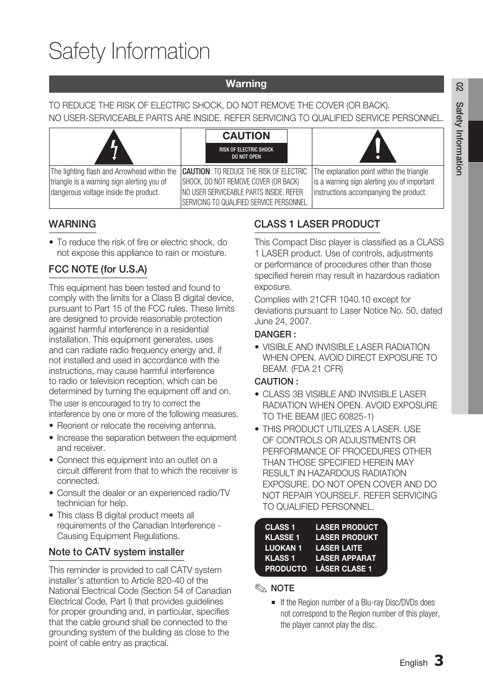 Safety information, Warning | Samsung BD-D7500 User Manual | Page 3 / 77