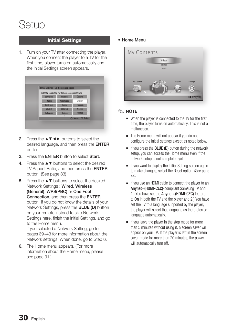 Setup, Initial settings, My contents | Samsung BD-D7500 User Manual | Page 30 / 77