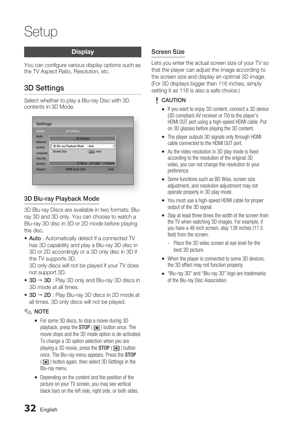 Display, 3d settings, Setup | Samsung BD-D7500 User Manual | Page 32 / 77