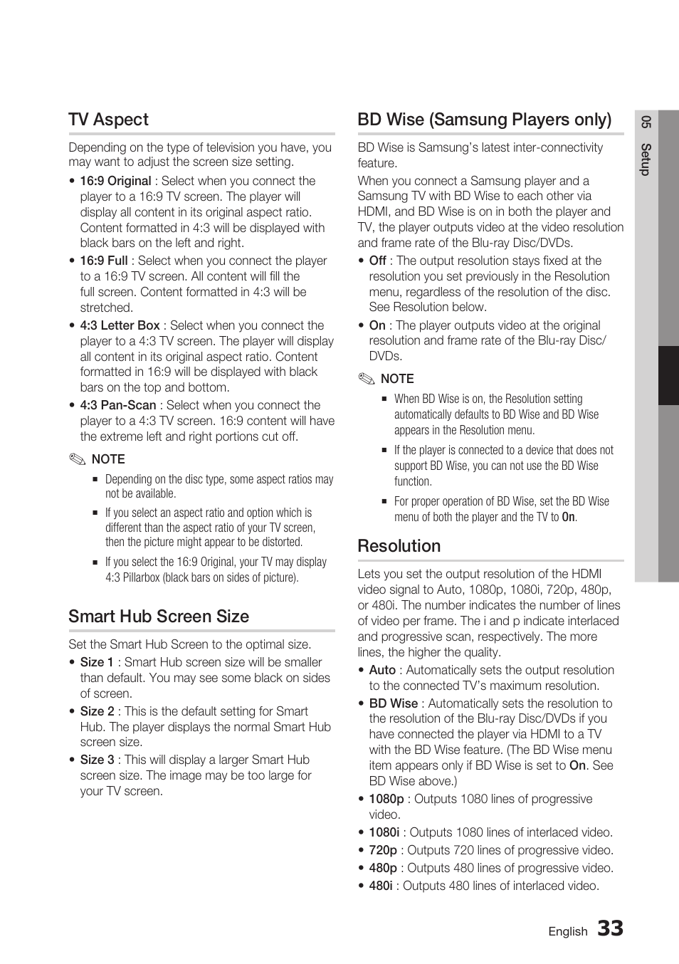 Tv aspect, Smart hub screen size, Bd wise (samsung players only) | Resolution | Samsung BD-D7500 User Manual | Page 33 / 77