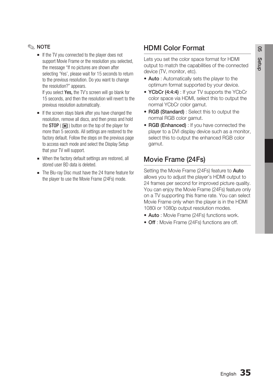 Hdmi color format, Movie frame (24fs) | Samsung BD-D7500 User Manual | Page 35 / 77