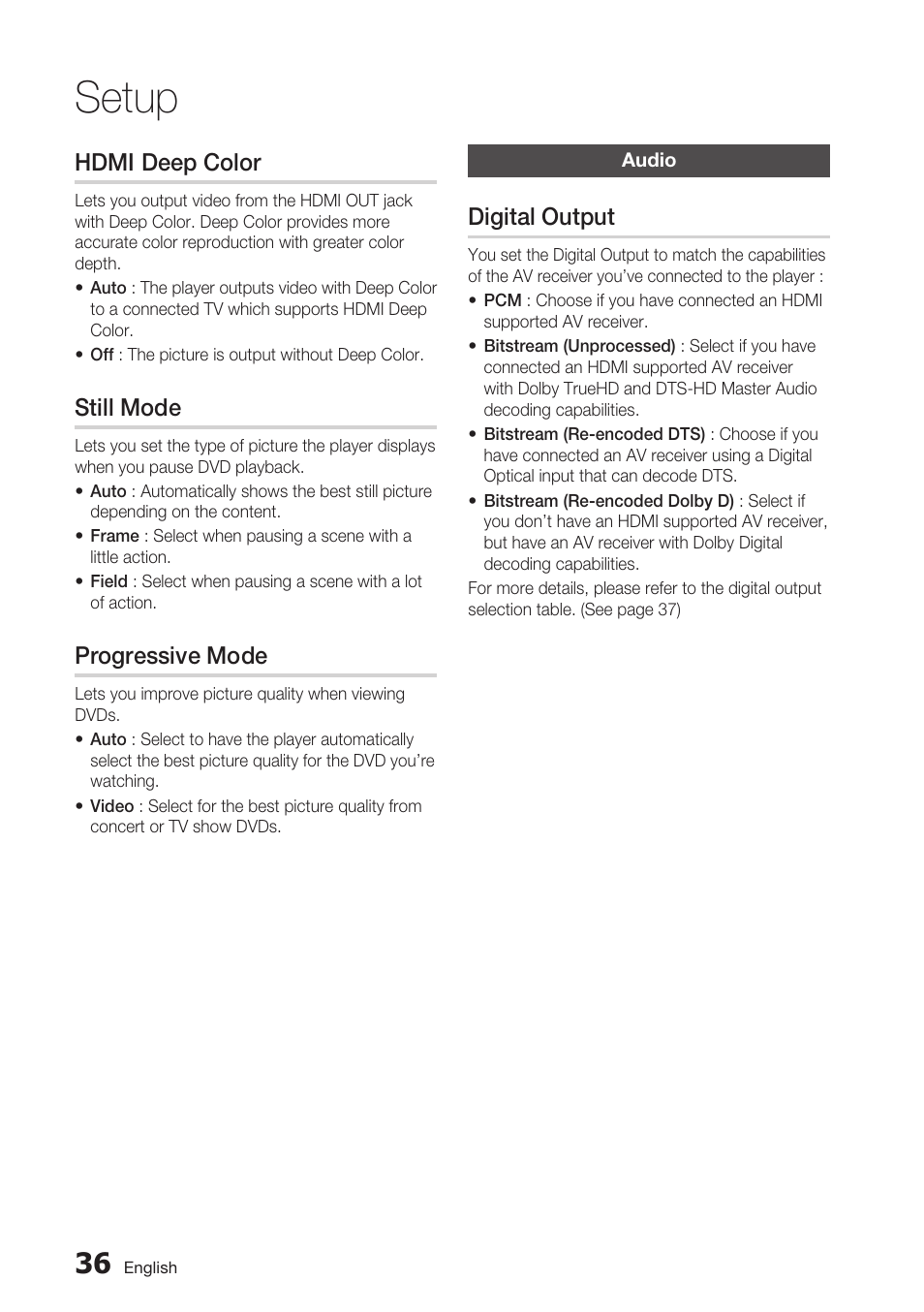 Hdmi deep color, Still mode, Progressive mode | Audio, Digital output, Setup | Samsung BD-D7500 User Manual | Page 36 / 77