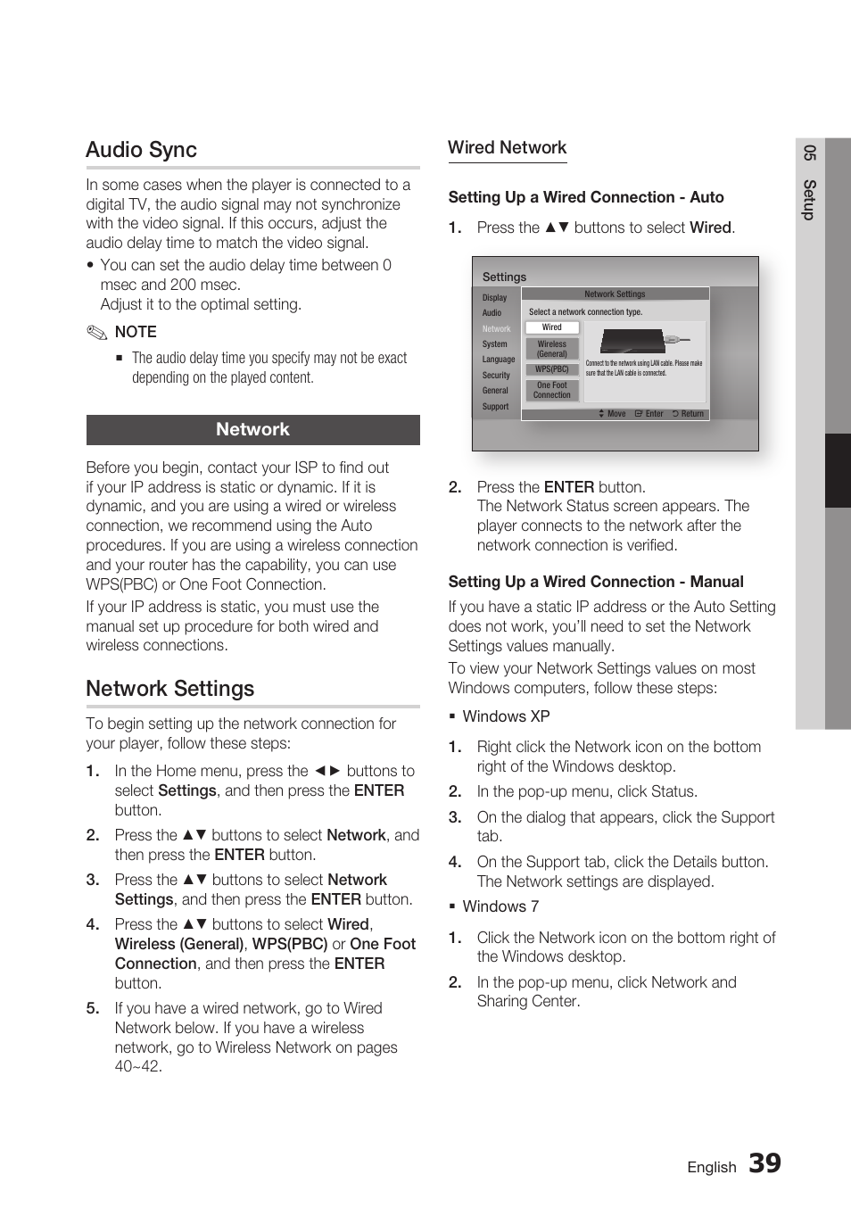 Audio sync, Network, Network settings | Samsung BD-D7500 User Manual | Page 39 / 77