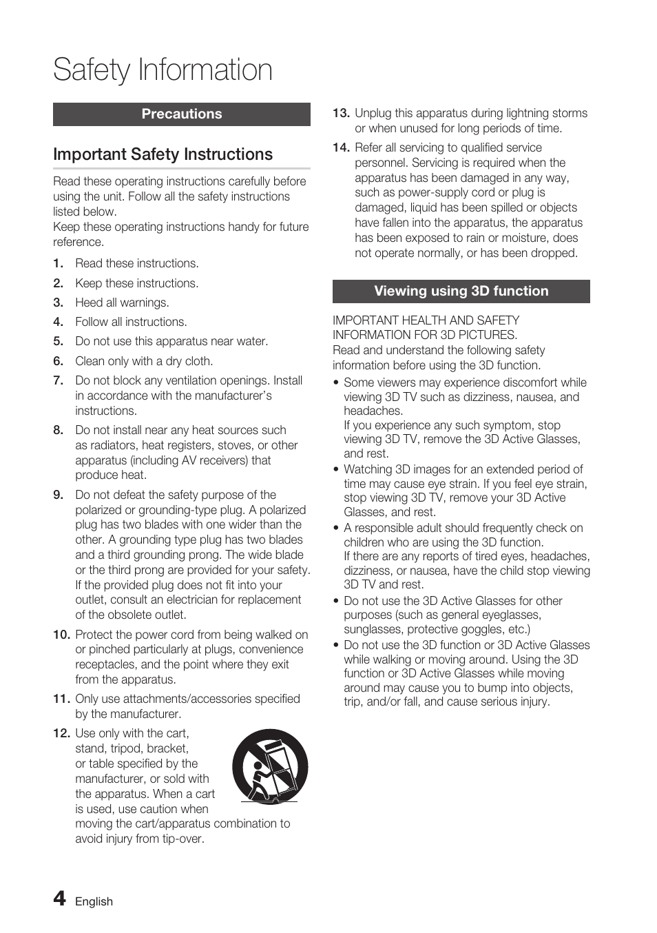 Precautions, Important safety instructions, Viewing using 3d function | Safety information | Samsung BD-D7500 User Manual | Page 4 / 77