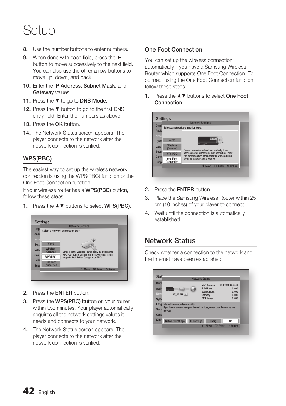 Network status, Setup, Wps(pbc) | One foot connection | Samsung BD-D7500 User Manual | Page 42 / 77