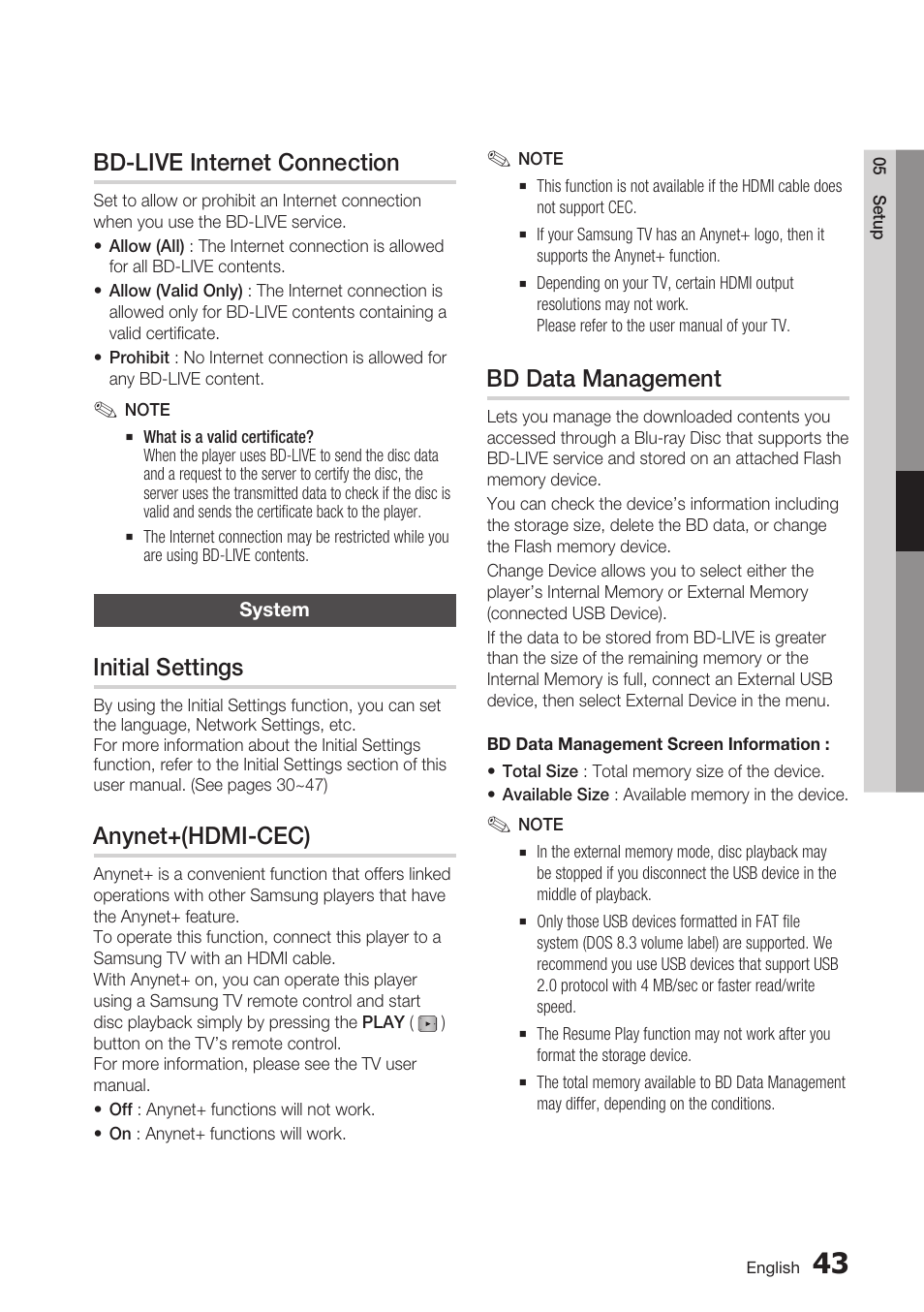 Bd-live internet connection, System, Initial settings | Anynet+(hdmi-cec), Bd data management | Samsung BD-D7500 User Manual | Page 43 / 77