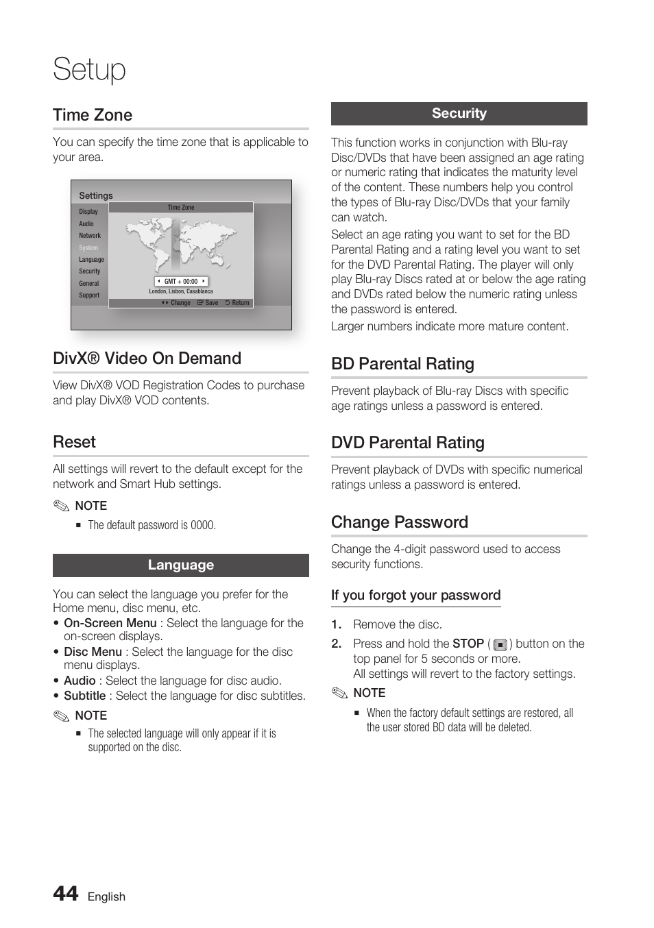 Time zone, Divx® video on demand, Reset | Language, Security, Bd parental rating, Dvd parental rating, Change password, Setup | Samsung BD-D7500 User Manual | Page 44 / 77