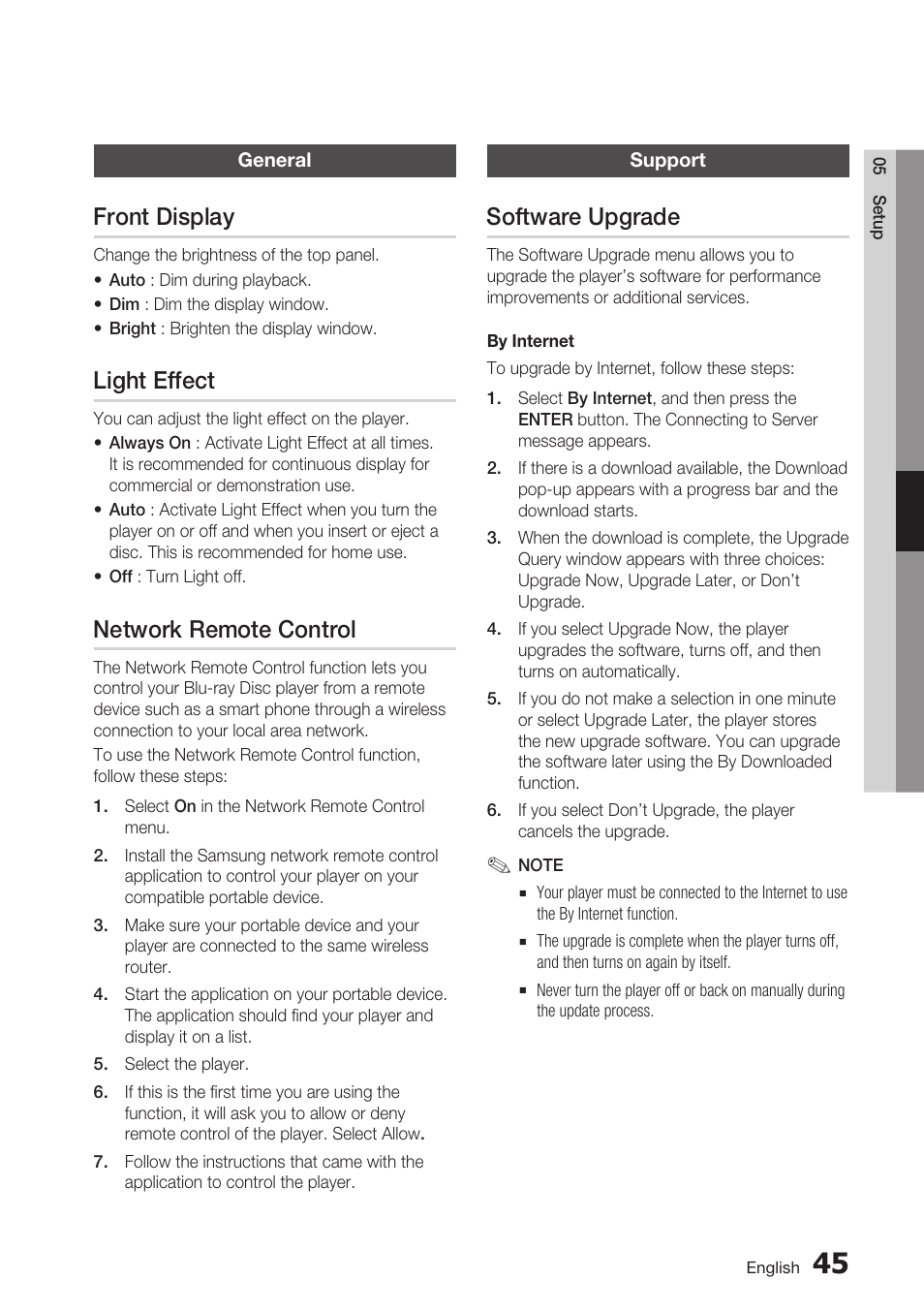 General, Front display, Light effect | Network remote control, Support, Software upgrade | Samsung BD-D7500 User Manual | Page 45 / 77