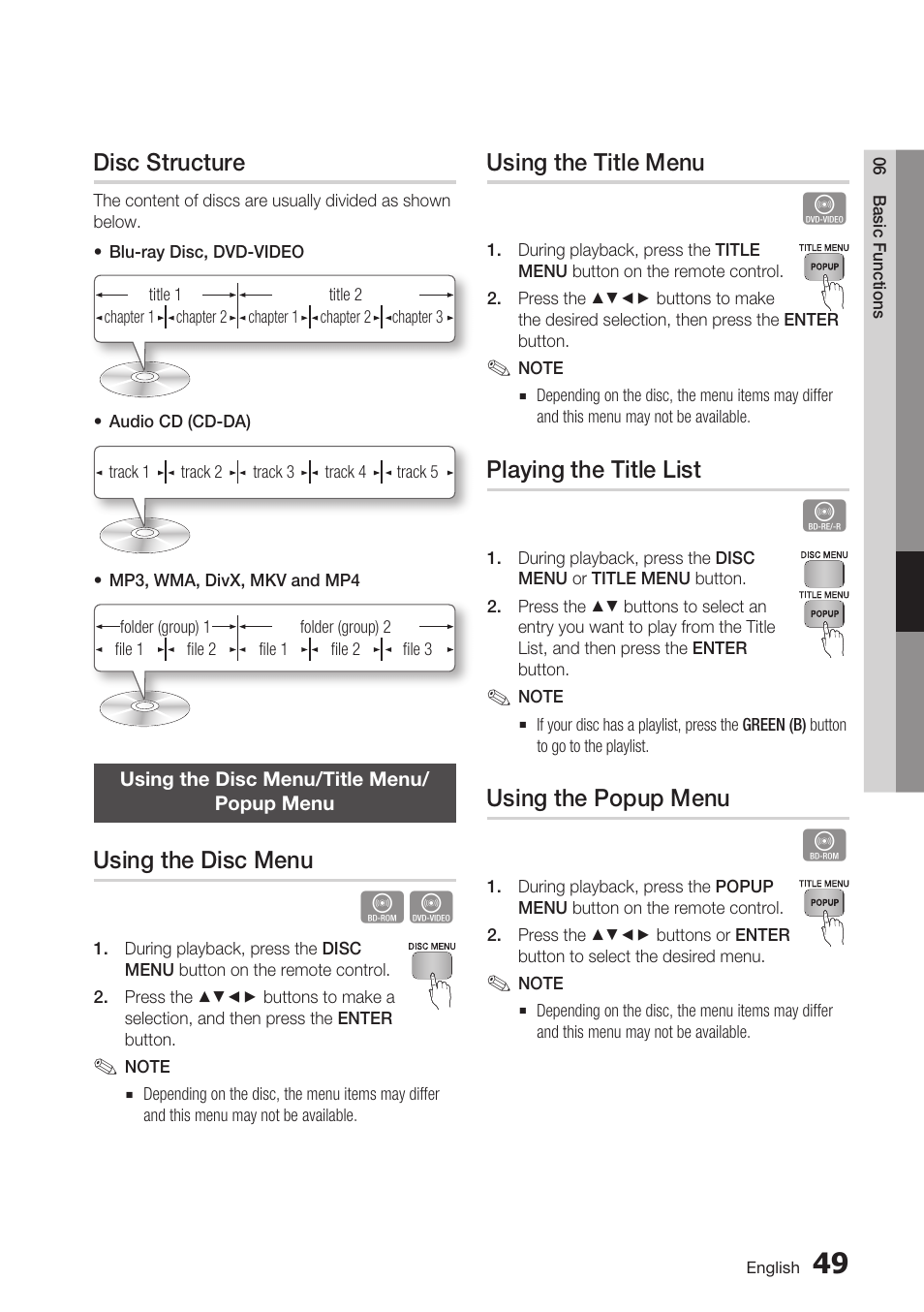 Disc structure, Using the disc menu/title menu/popup menu, Using the disc menu | Using the title menu, Playing the title list, Using the popup menu | Samsung BD-D7500 User Manual | Page 49 / 77