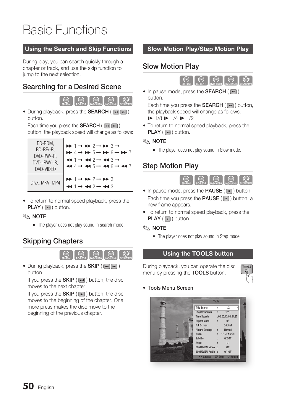 Using the search and skip functions, Searching for a desired scene, Skipping chapters | Slow motion play/step motion play, Slow motion play, Step motion play, Using the tools button, Basic functions | Samsung BD-D7500 User Manual | Page 50 / 77