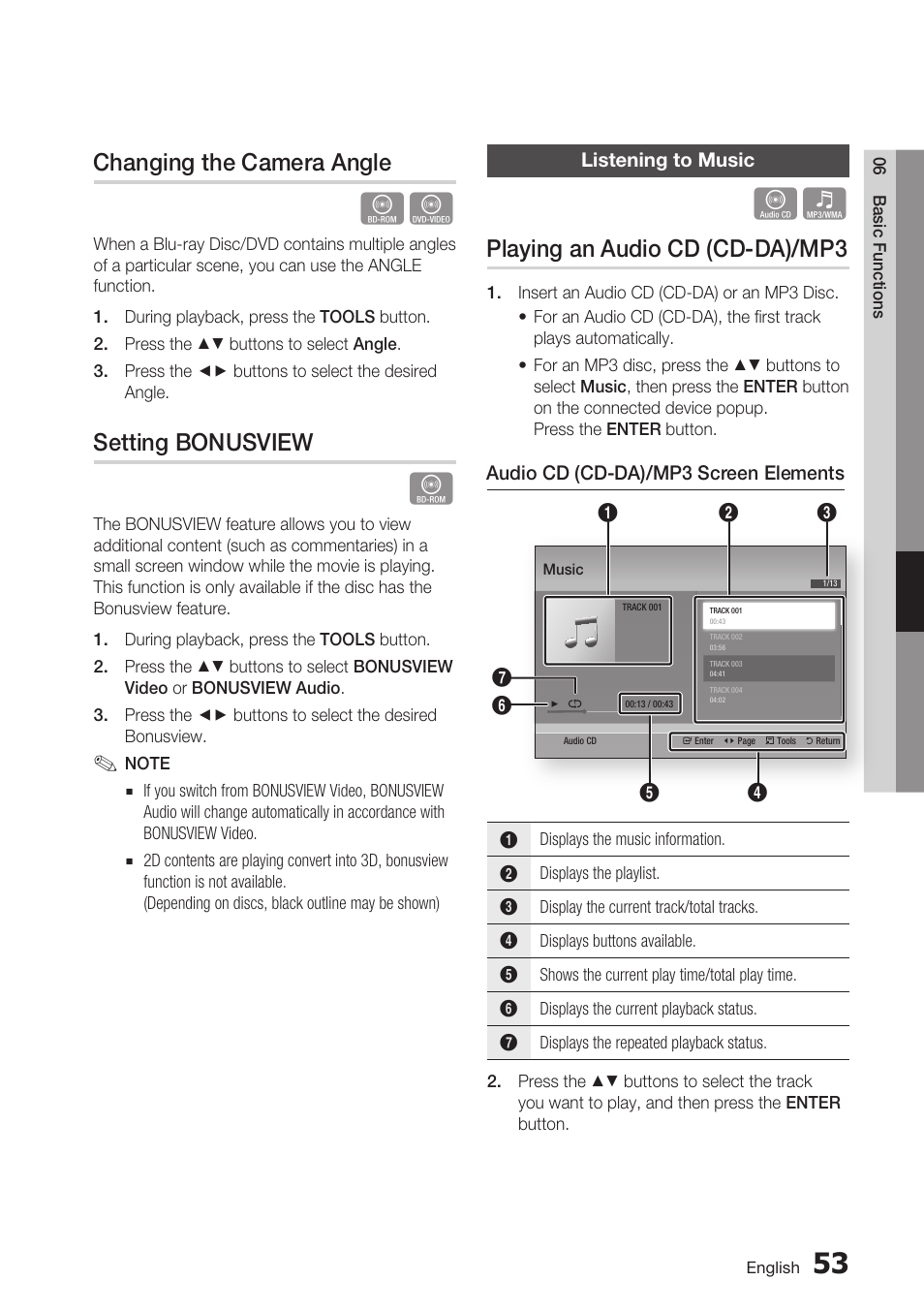 Changing the camera angle, Setting bonusview, Listening to music | Playing an audio cd (cd-da)/mp3 | Samsung BD-D7500 User Manual | Page 53 / 77