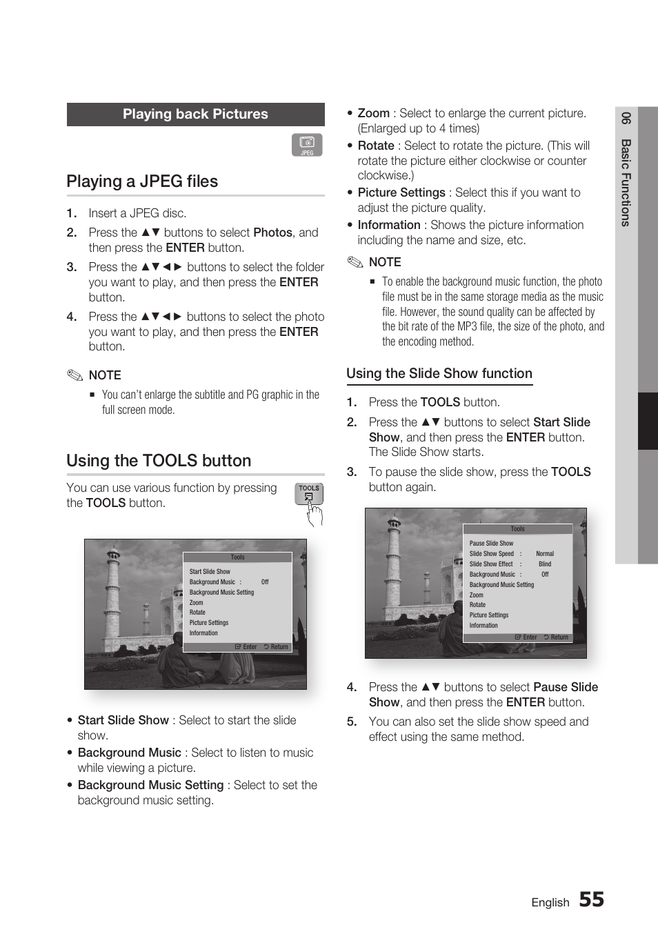 Playing back pictures, Playing a jpeg files, Using the tools button | Samsung BD-D7500 User Manual | Page 55 / 77