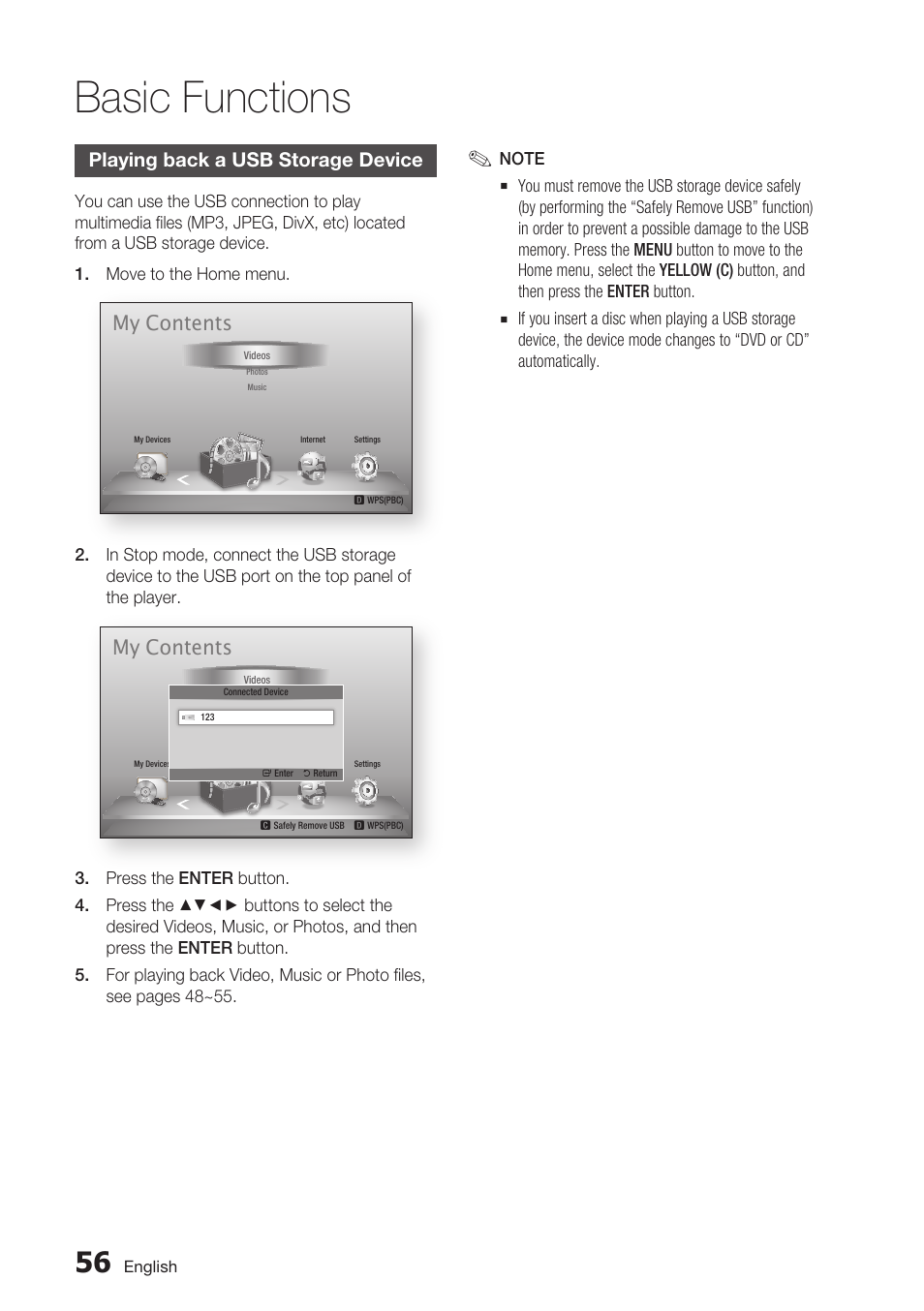 Playing back a usb storage device, Basic functions, My contents | Samsung BD-D7500 User Manual | Page 56 / 77