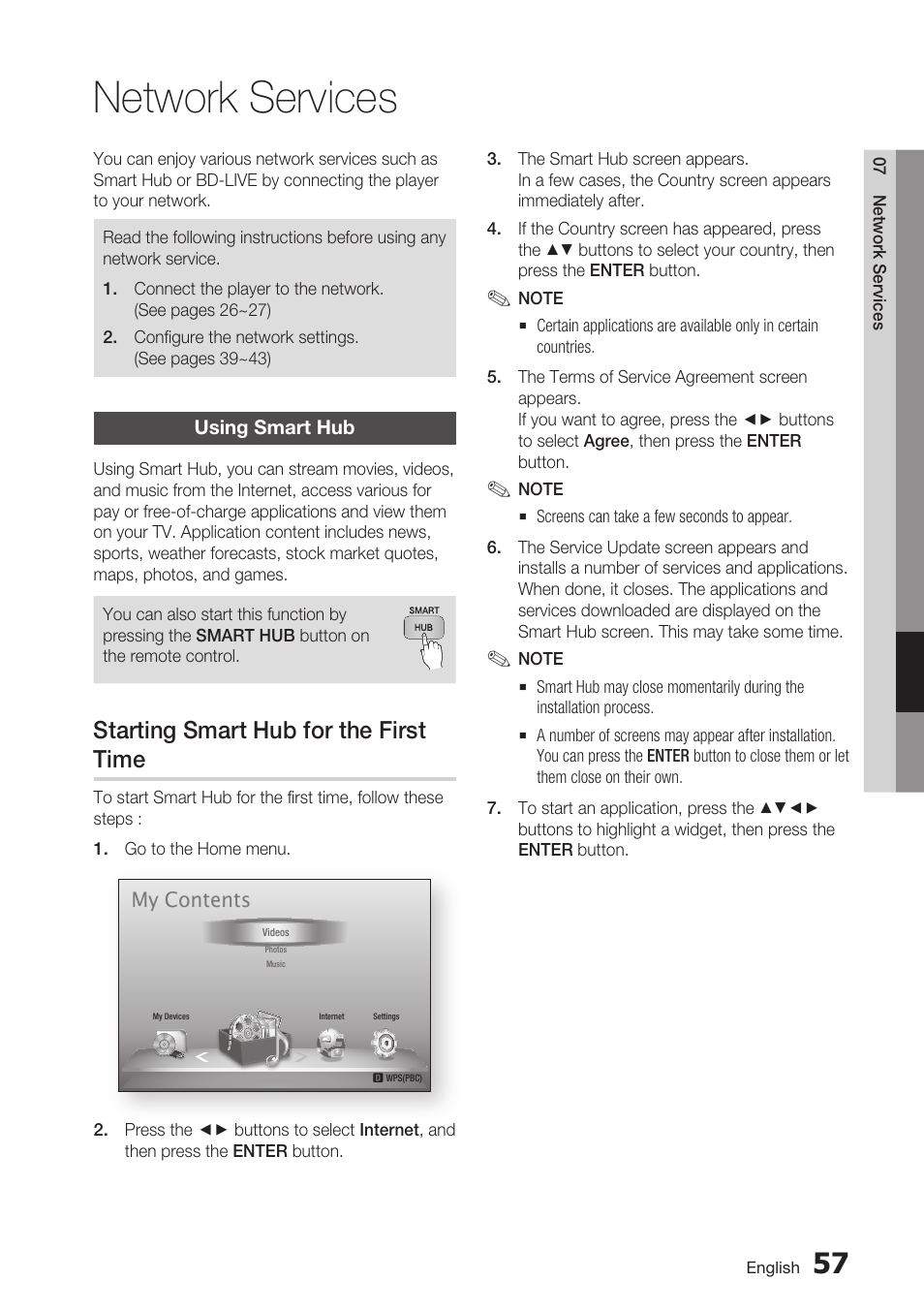 Network services, Using smart hub, Starting smart hub for the first time | Samsung BD-D7500 User Manual | Page 57 / 77