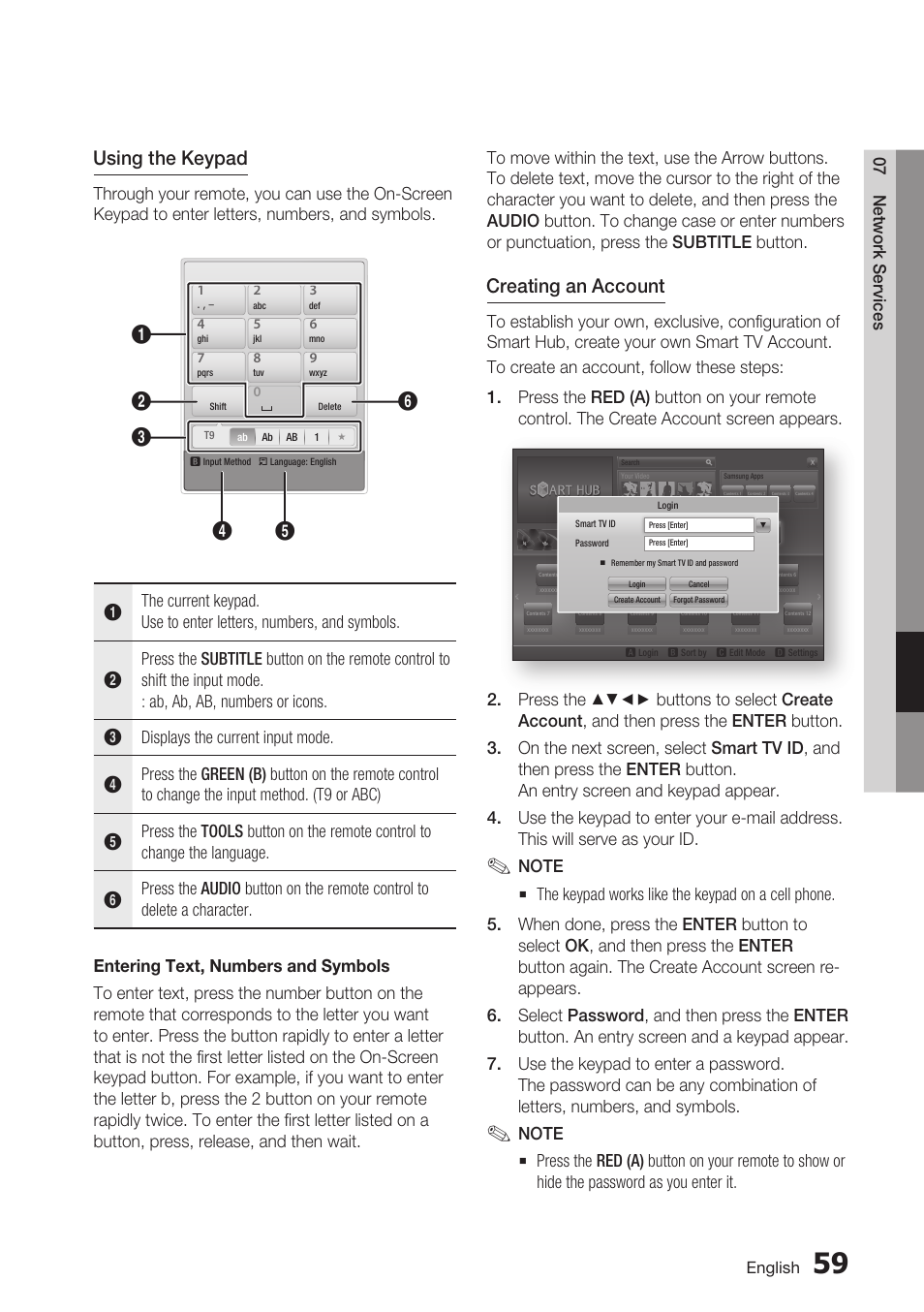 Using the keypad, Creating an account, 07 network services | English | Samsung BD-D7500 User Manual | Page 59 / 77