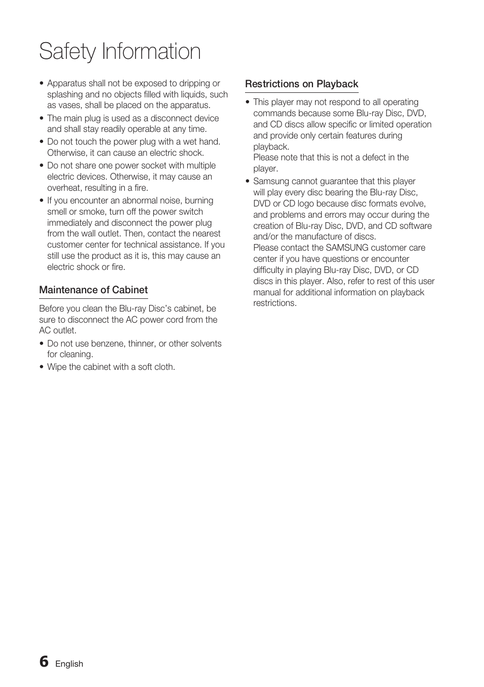 Safety information | Samsung BD-D7500 User Manual | Page 6 / 77