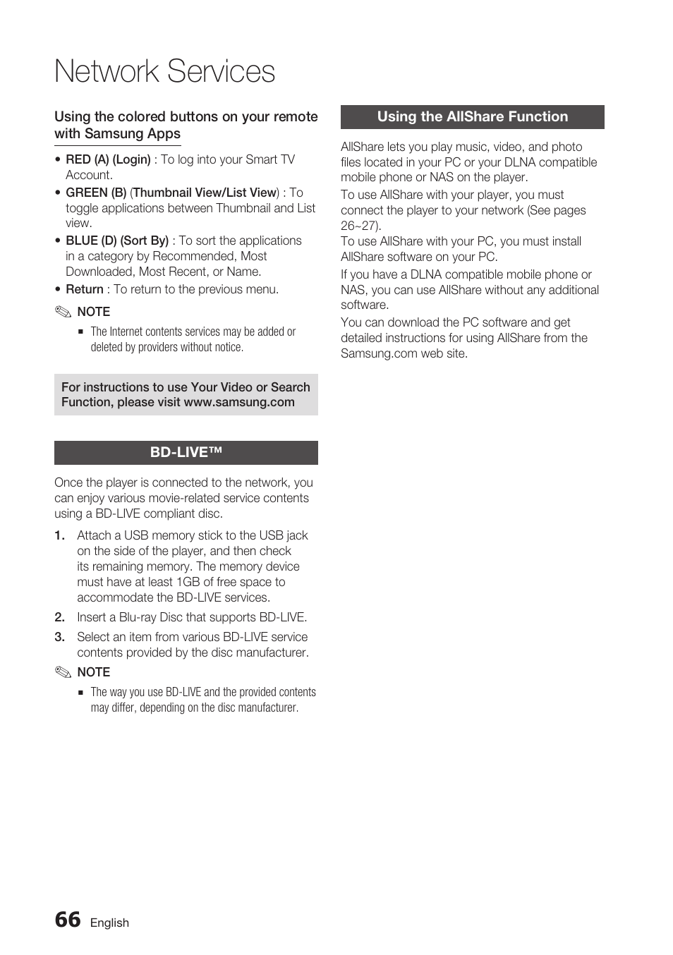 Bd-live, Using the allshare function, Network services | Samsung BD-D7500 User Manual | Page 66 / 77