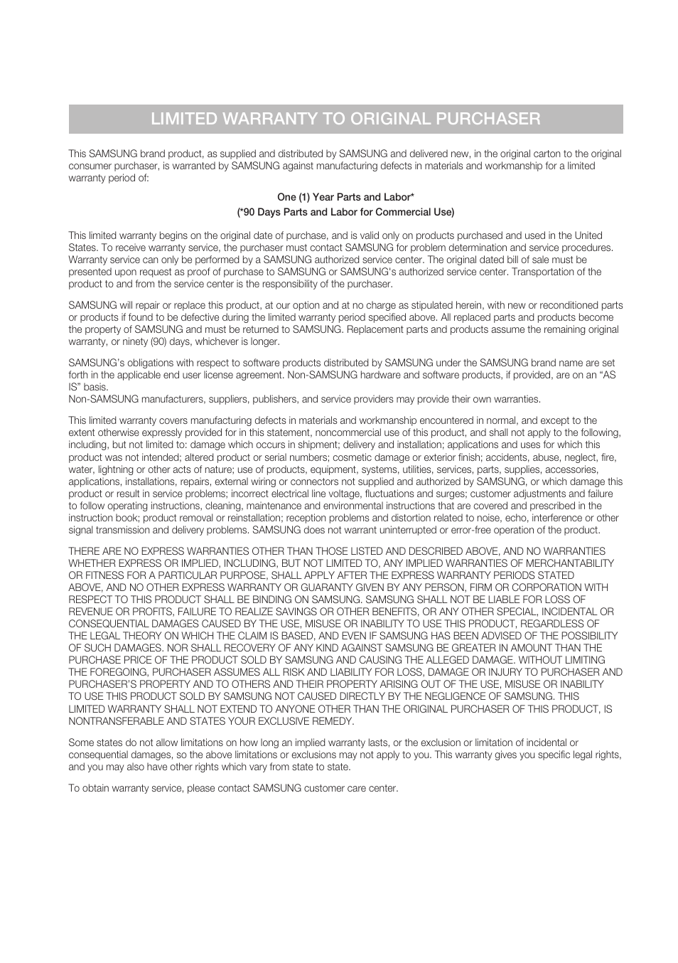 Limited warranty to original purchaser | Samsung BD-D7500 User Manual | Page 75 / 77