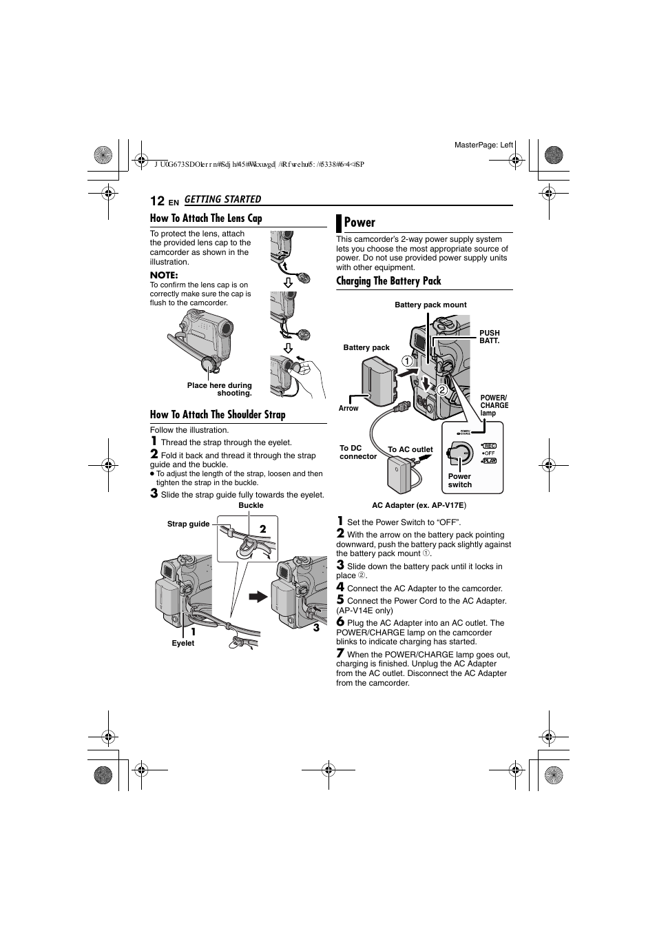 How to attach the lens cap, How to attach the shoulder strap, Power | Charging the battery pack, Pg. 12), Pg. 12, Pg. 12 f | JVC GR-D340EK User Manual | Page 12 / 44