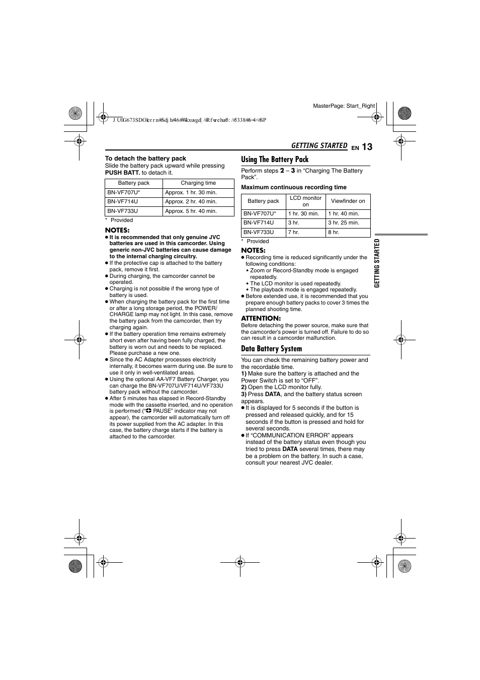 Using the battery pack, Data battery system, Tton | Pg. 13), Getting started | JVC GR-D340EK User Manual | Page 13 / 44