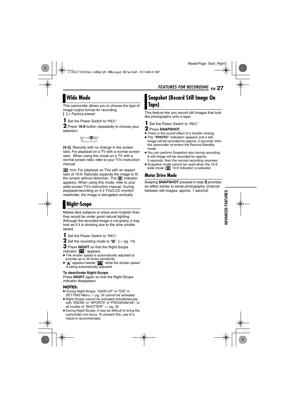 Features for recording, Wide mode, Night-scope | Snapshot (record still image on tape), Motor drive mode, 27 night-scope, 27 snapshot (record still image on tape), Pg. 27), Wide mode night-scope | JVC GR-D340EK User Manual | Page 27 / 44