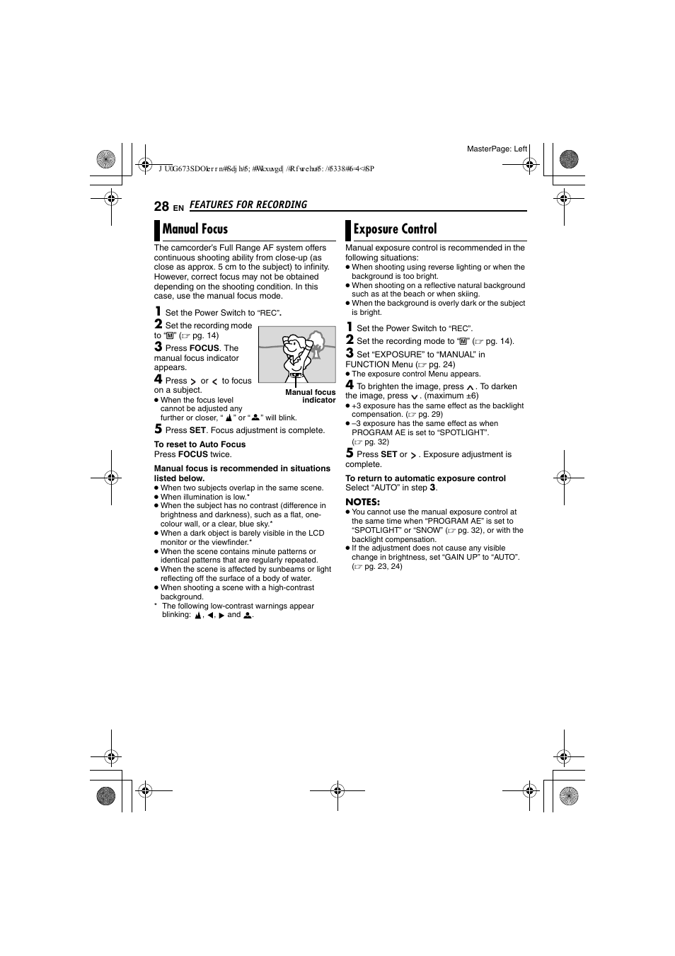 Manual focus, Exposure control, 28 exposure control | Focus, Pg. 28) | JVC GR-D340EK User Manual | Page 28 / 44