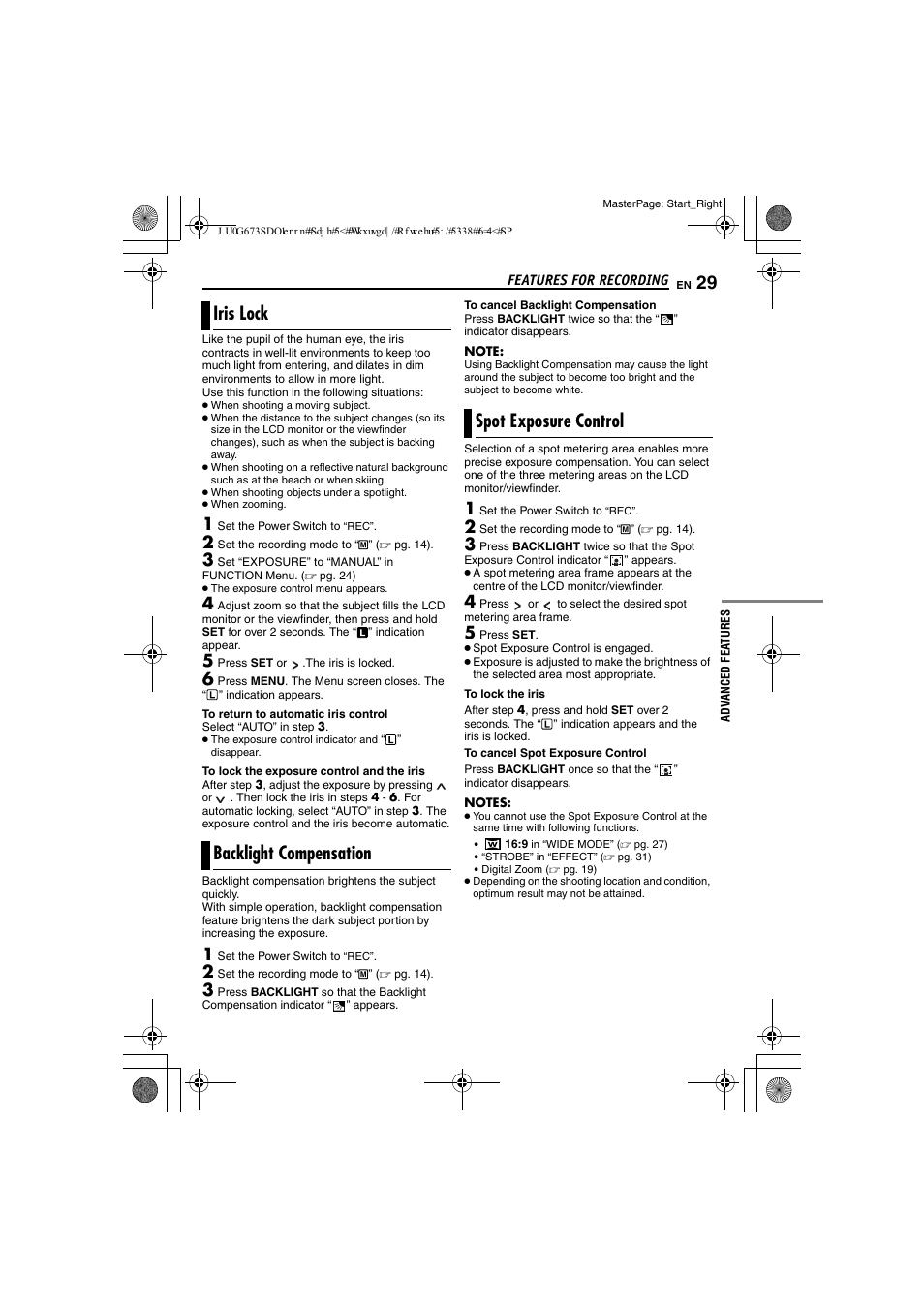 Iris lock, Backlight compensation, Spot exposure control | Pg. 29), Pg. 29, spot exposure, Control), 29 backlight compensation, 29 spot exposure control, Ight | JVC GR-D340EK User Manual | Page 29 / 44