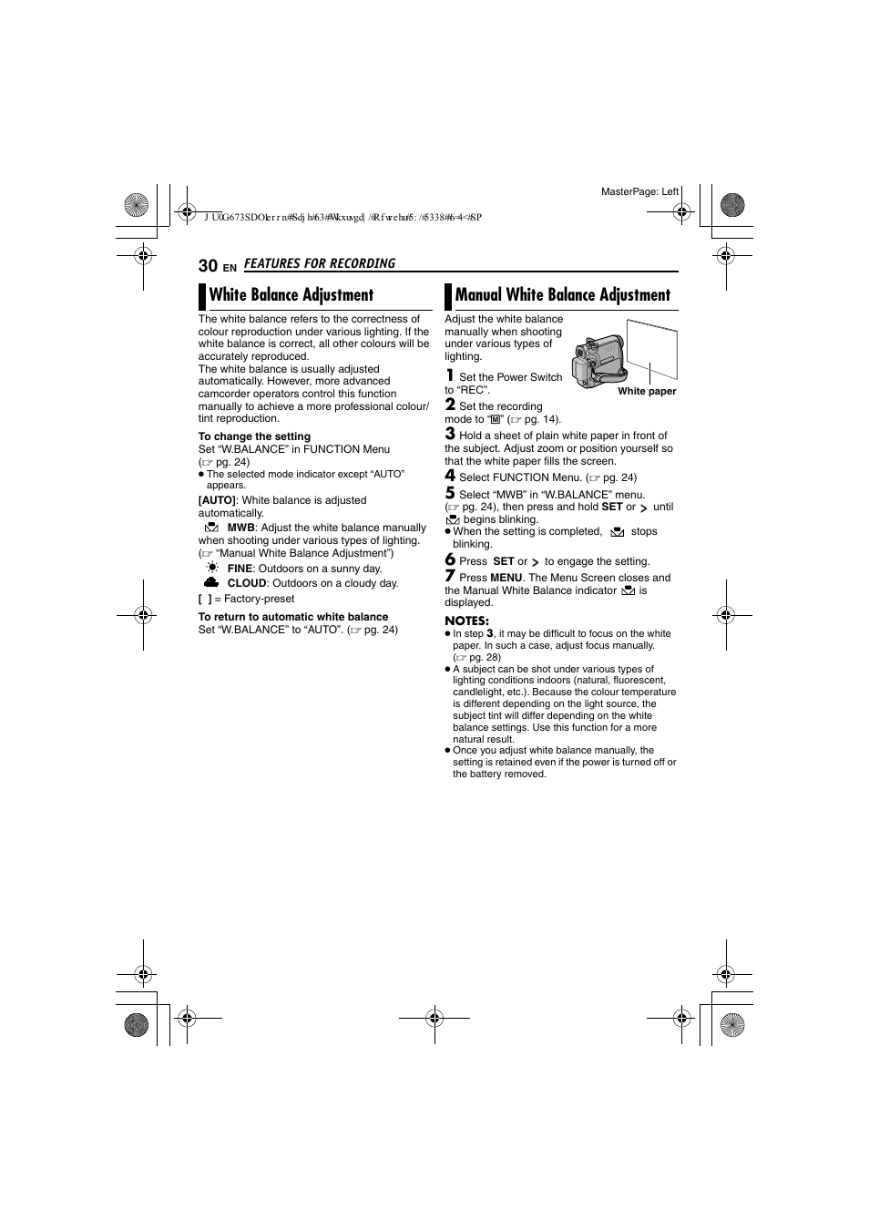 White balance adjustment, Manual white balance adjustment, 30 manual white balance adjustment | Pg. 30) | JVC GR-D340EK User Manual | Page 30 / 44