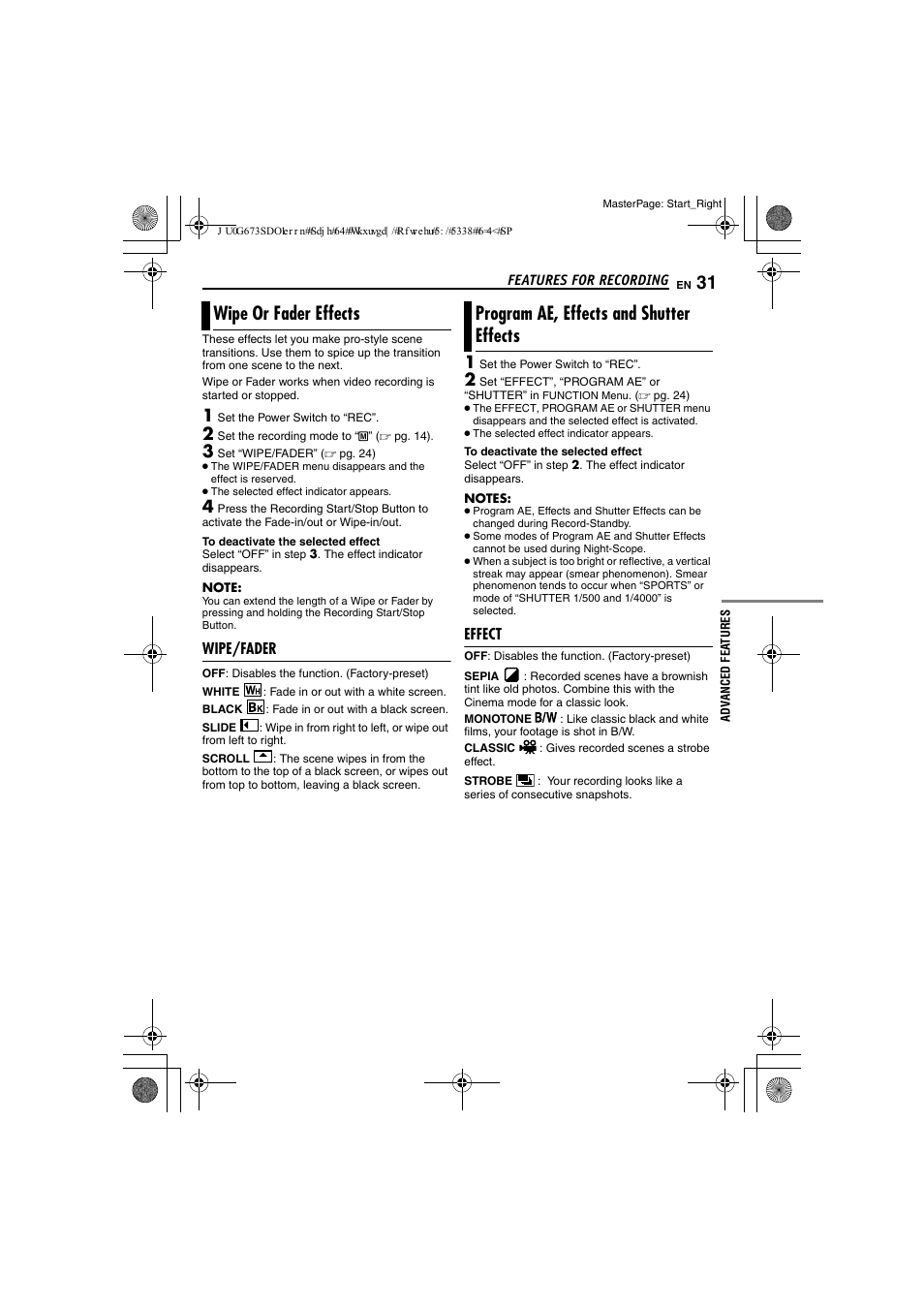 Wipe or fader effects, Wipe/fader, Program ae, effects and shutter effects | Effect, Pg. 31), Motion, 31 program ae, effects and shutter effects | JVC GR-D340EK User Manual | Page 31 / 44