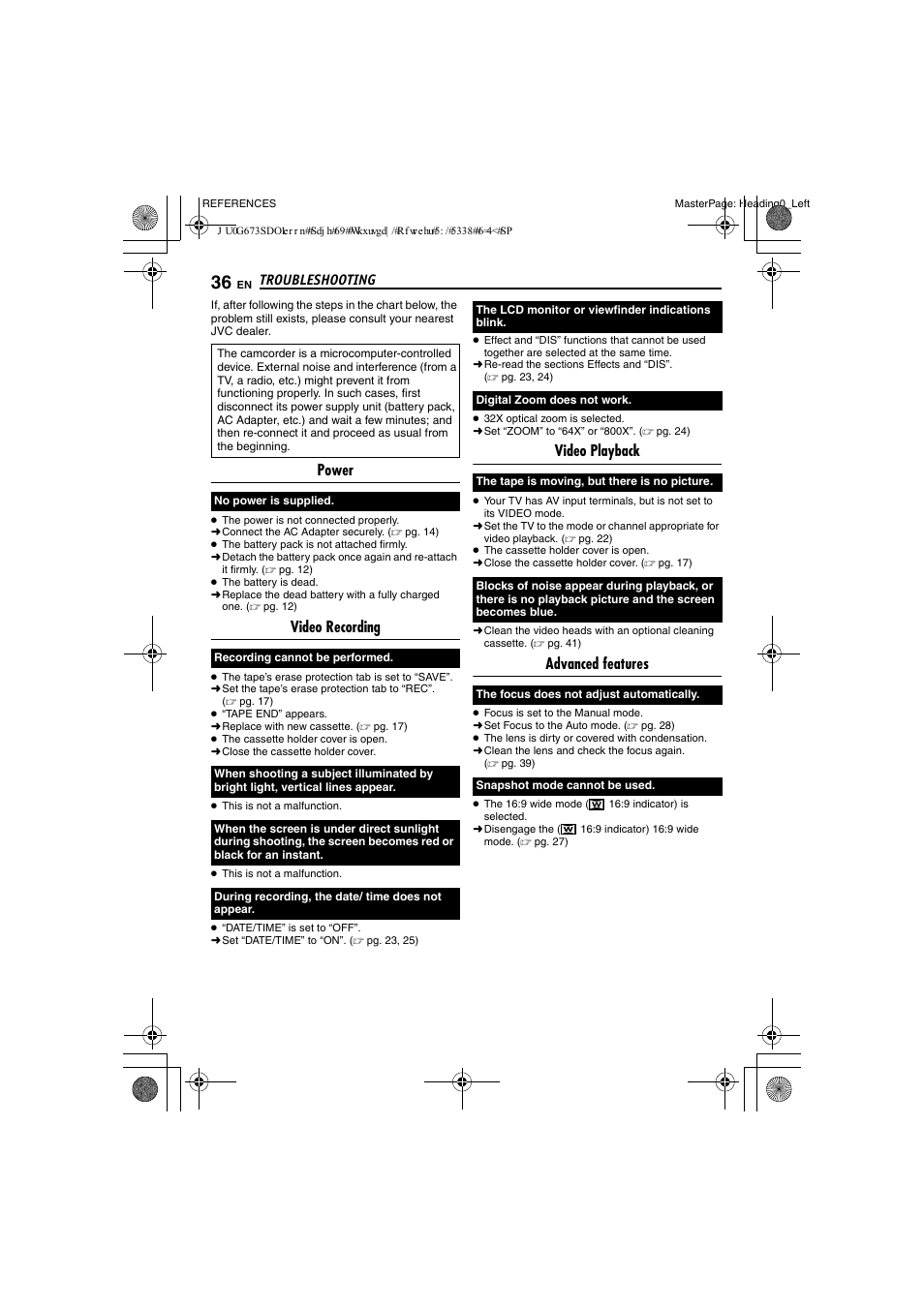 Troubleshooting, Power, Video recording | Video playback, Advanced features | JVC GR-D340EK User Manual | Page 36 / 44