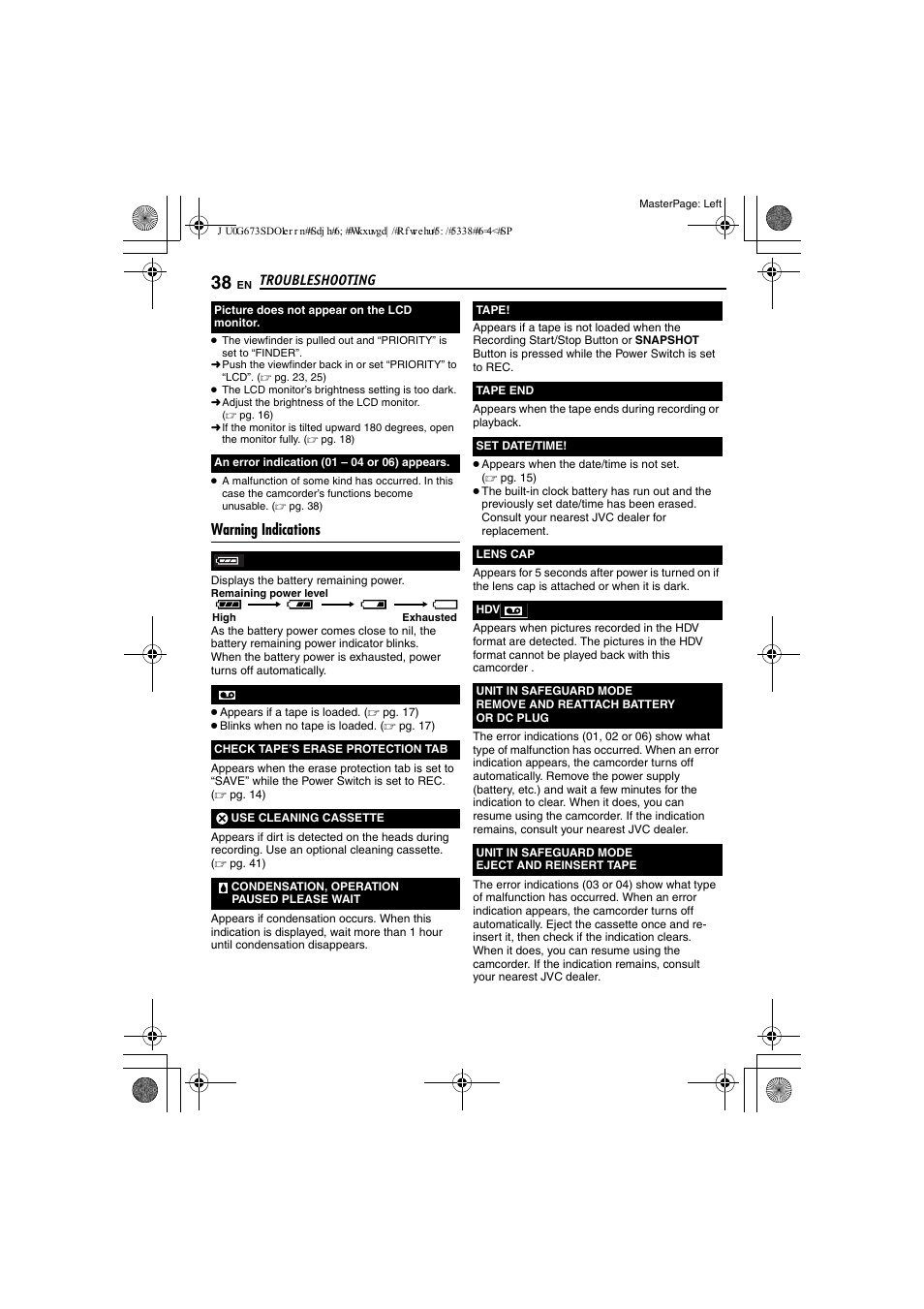 Warning indications, Pg. 38) | JVC GR-D340EK User Manual | Page 38 / 44