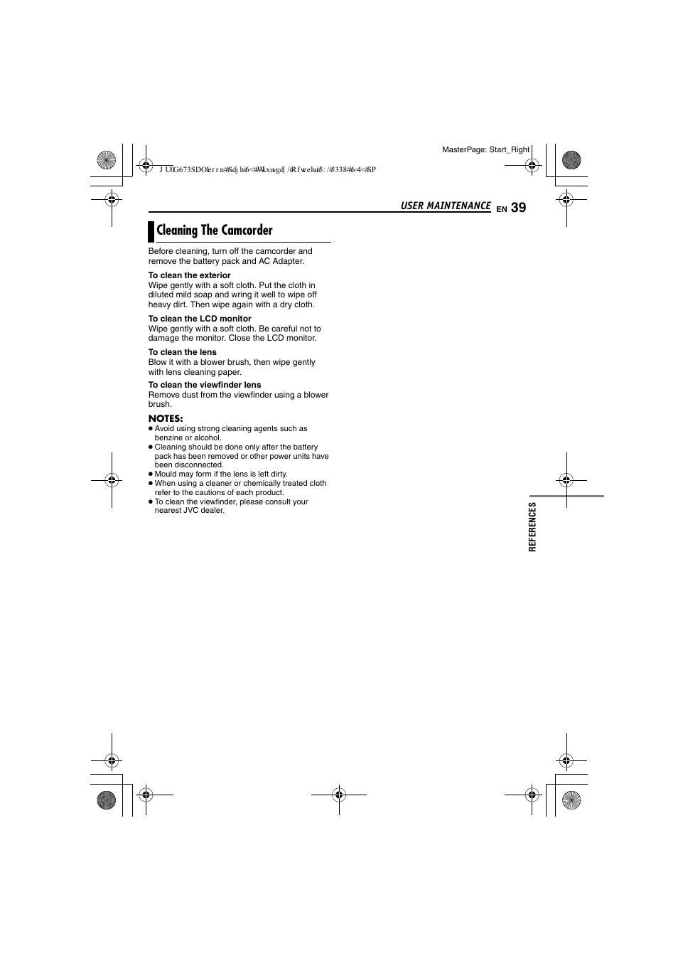 User maintenance, Cleaning the camcorder, Pg. 39) | JVC GR-D340EK User Manual | Page 39 / 44