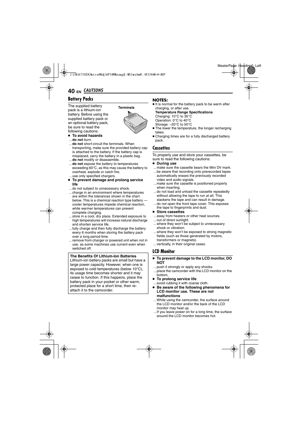 Cautions, Battery packs, Cassettes | Lcd monitor, Pg. 40) | JVC GR-D340EK User Manual | Page 40 / 44