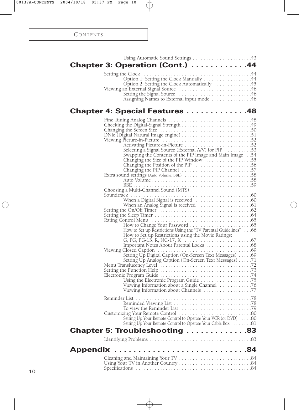 Chapter 3: operation (cont.), Chapter 4: special features, Chapter 5: troubleshooting | Appendix | Samsung HCN479W User Manual | Page 10 / 87