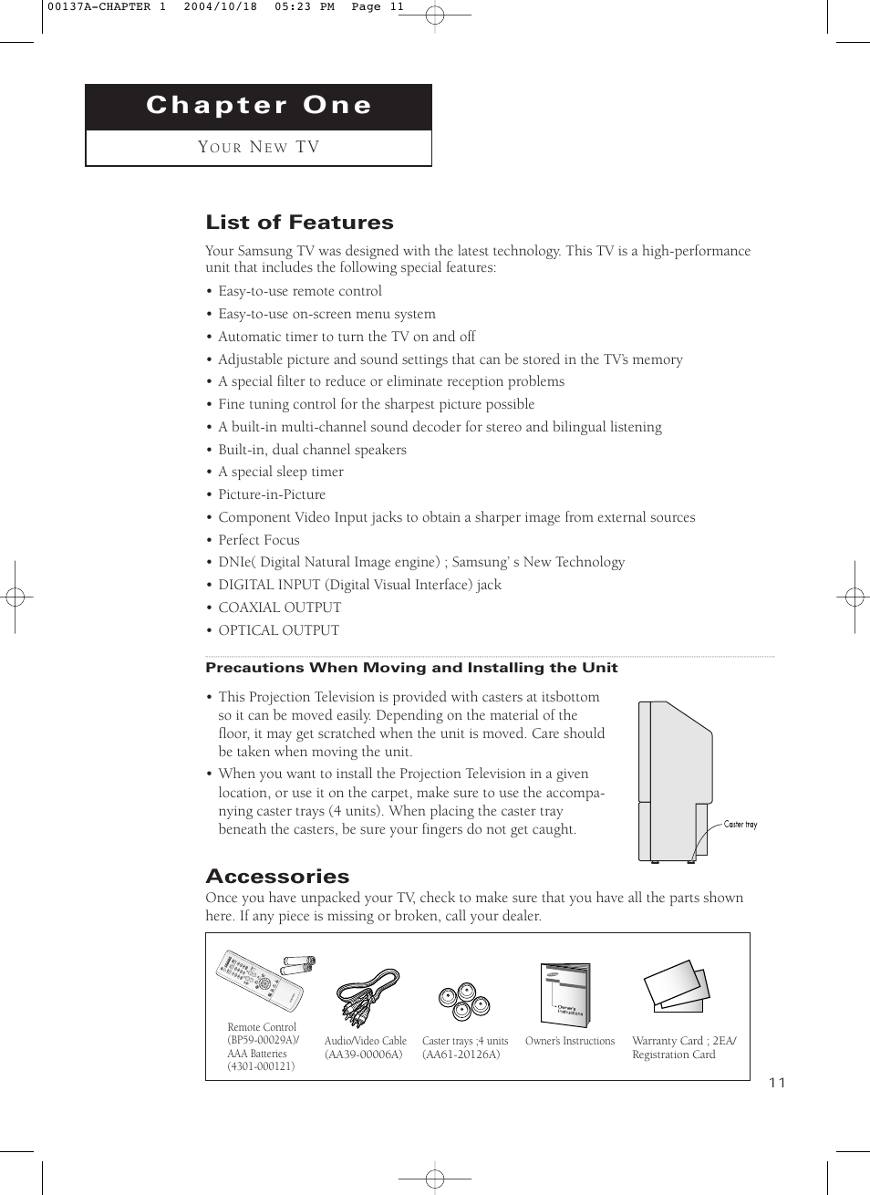 Chapter 1: your new tv, List of features, Accessories | Samsung HCN479W User Manual | Page 11 / 87