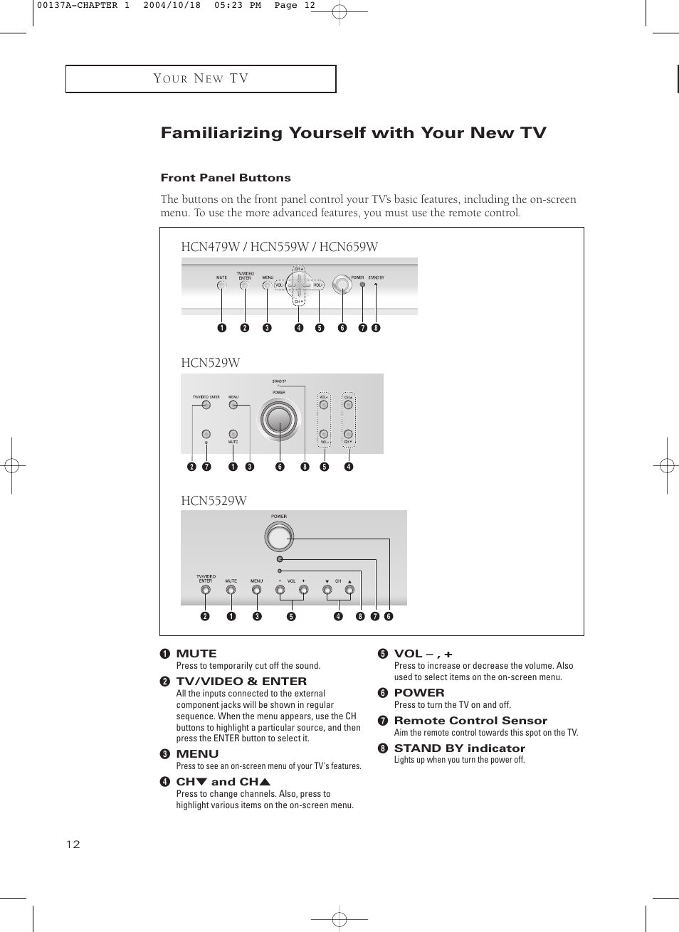 Familiarizing yourself with your new tv, Front panel buttons | Samsung HCN479W User Manual | Page 12 / 87