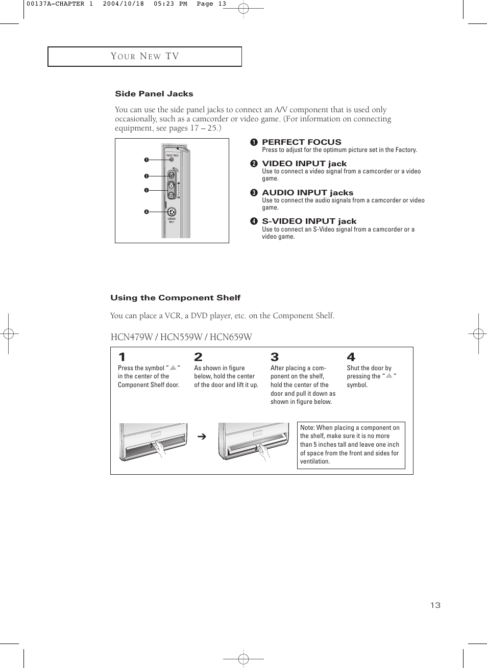 Side panel jacks, Using the component shelf | Samsung HCN479W User Manual | Page 13 / 87