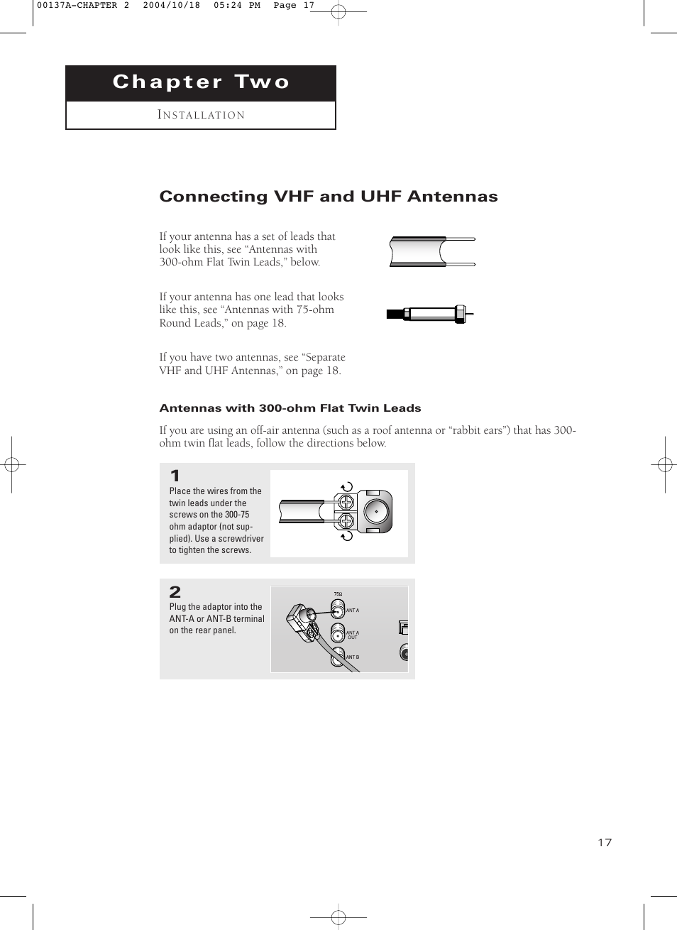 Chapter 2: installation, Connecting vhf and uhf antennas, Antennas with 300-ohm flat twin leads | Samsung HCN479W User Manual | Page 17 / 87