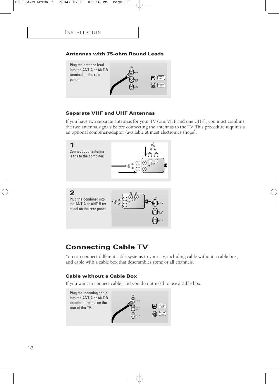 Antennas with 75-ohm round leads, Separate vhf and uhf antennas, Connecting cable tv | Cable without a cable box | Samsung HCN479W User Manual | Page 18 / 87