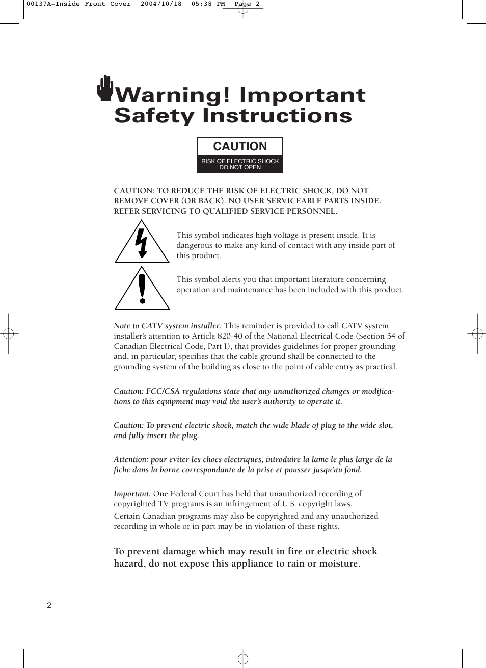 Warning! important safety instructions, Caution | Samsung HCN479W User Manual | Page 2 / 87