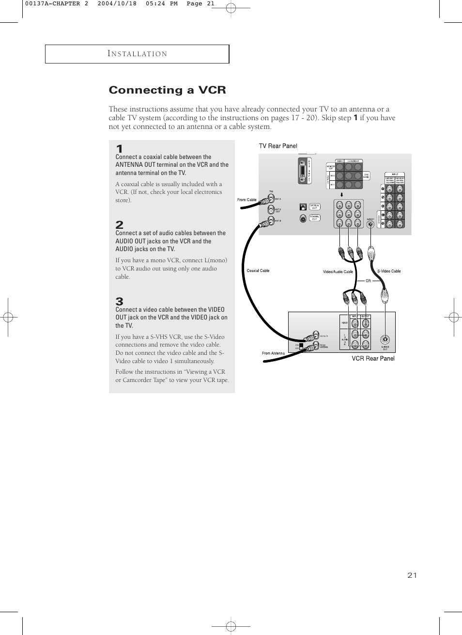 Connecting a vcr | Samsung HCN479W User Manual | Page 21 / 87