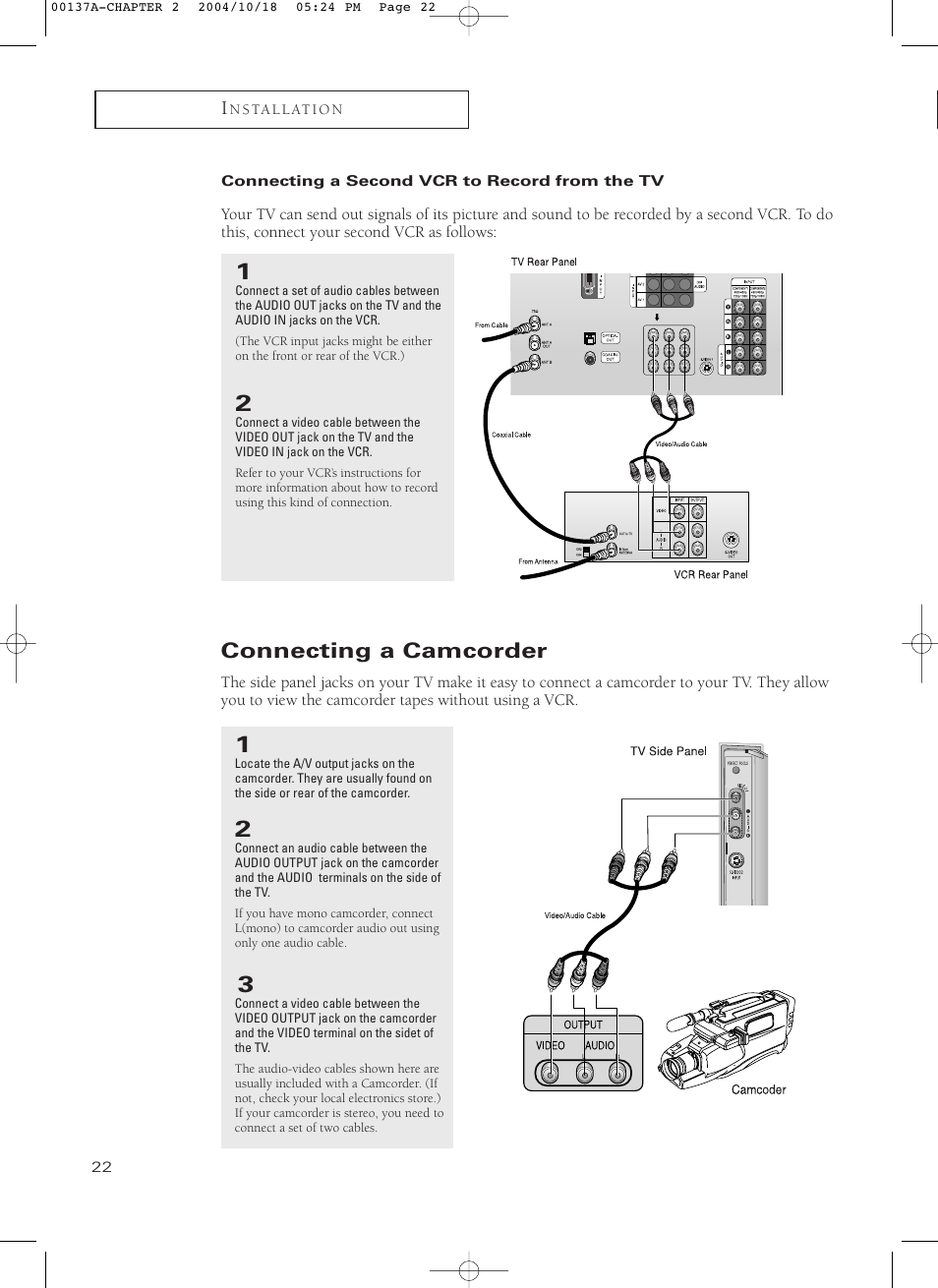 Connecting a second vcr to record from the tv, Connecting a camcorder | Samsung HCN479W User Manual | Page 22 / 87